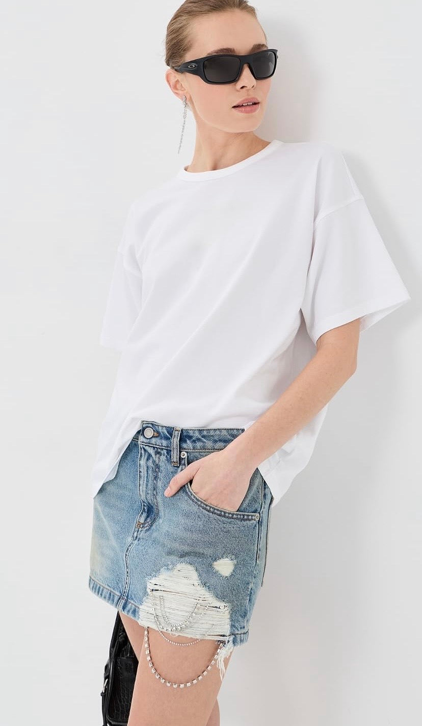 Area Crystal Fray Denim Mini Skirt