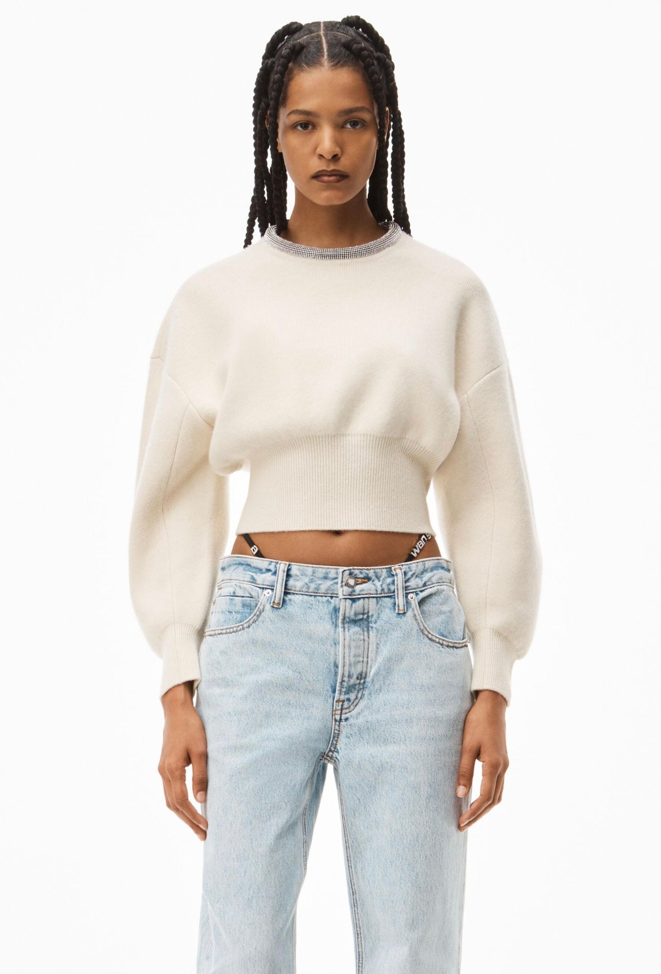 Alexander Wang CRYSTAL NECKLINE PULLOVER IN WOOL Ivory