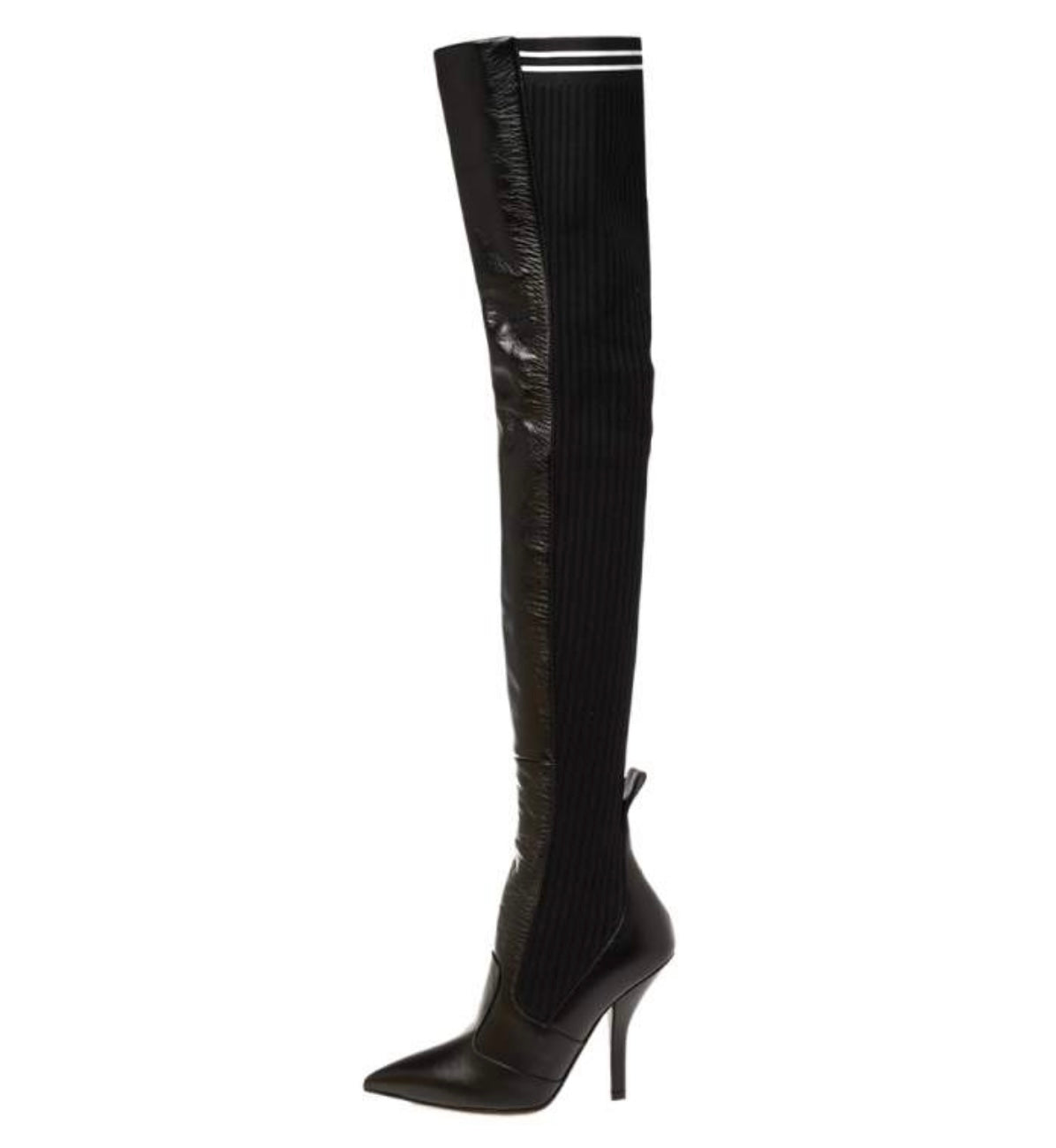 Fendi -
Fendi Black Leather And Stretch Knit Fabric Rockoko Thigh Boots