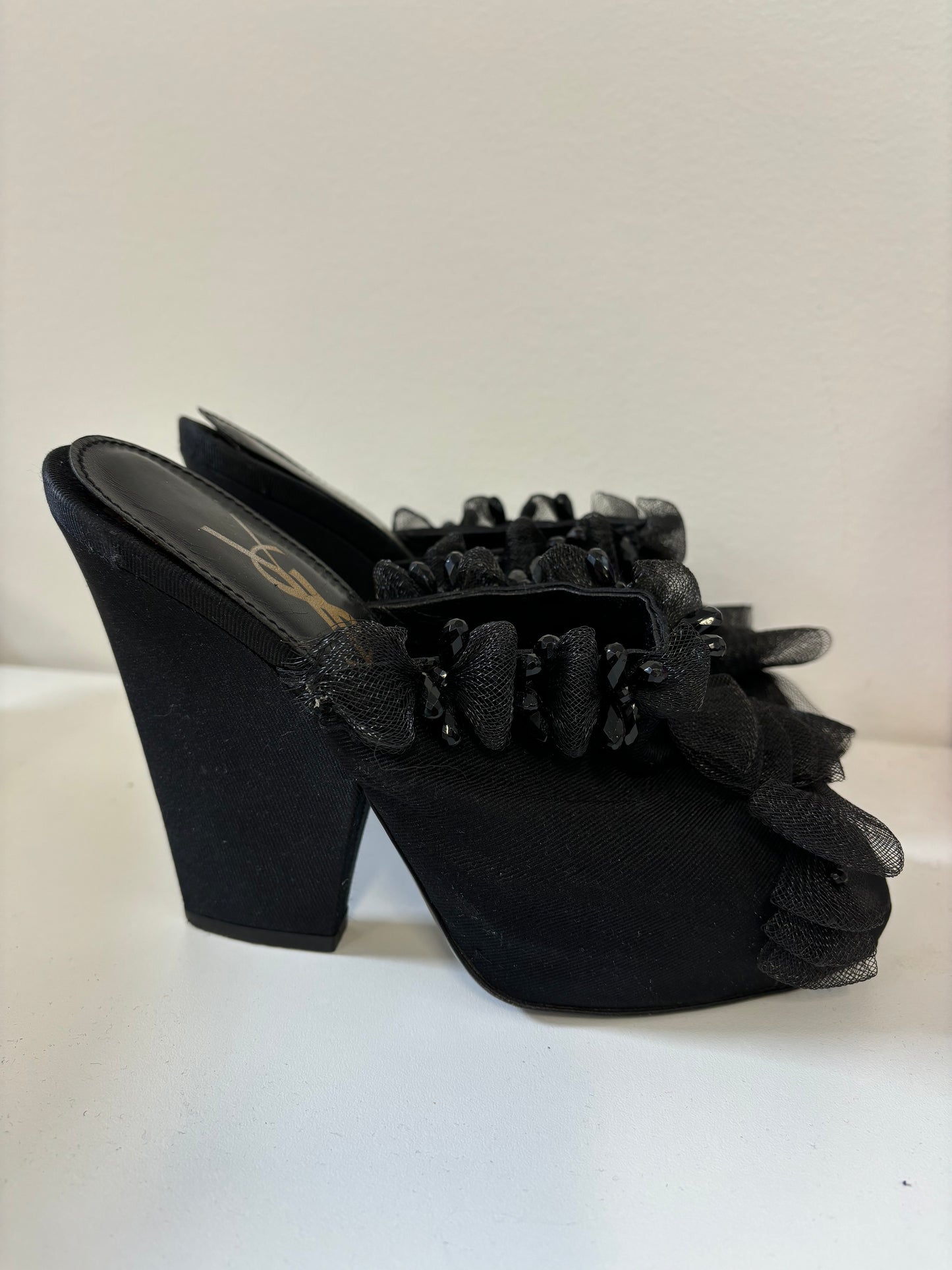 YSL black wedge evening shoes with bow and beading details