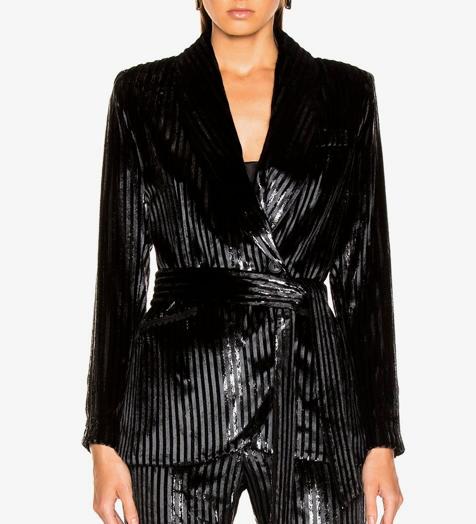 SMYTHE black pinstripe blazer, velvet and metallic stripes w matching belt
