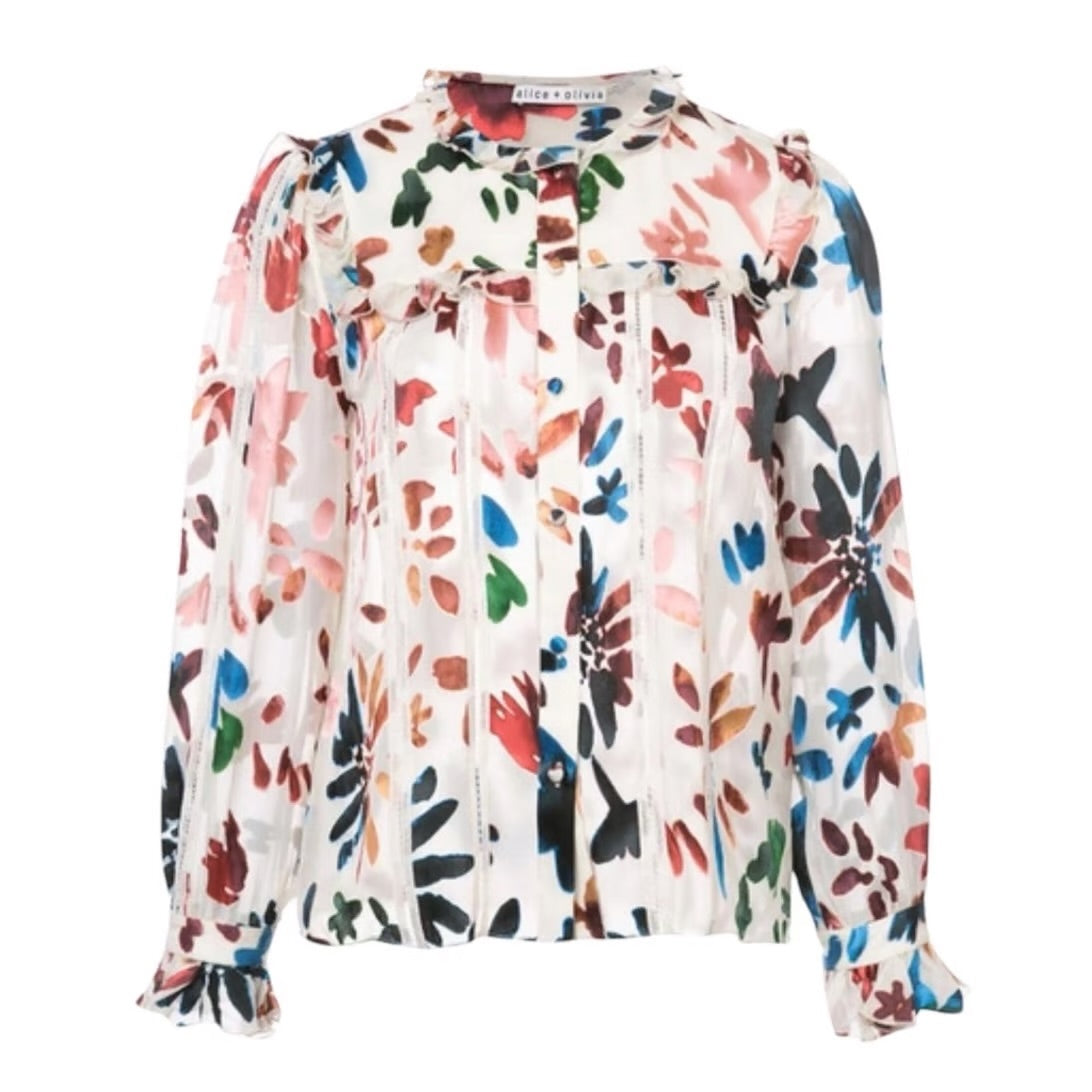 Alice + Olivia Sheer Ruffle Multicolour Print Button Up Blouse