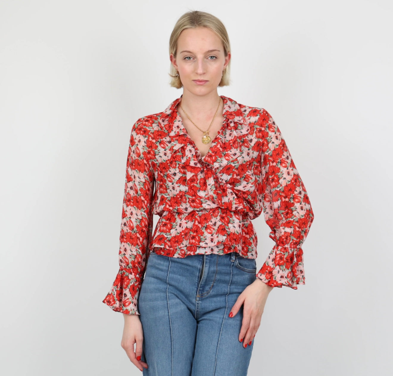 RIXO gracie red floral wrap top and skirt