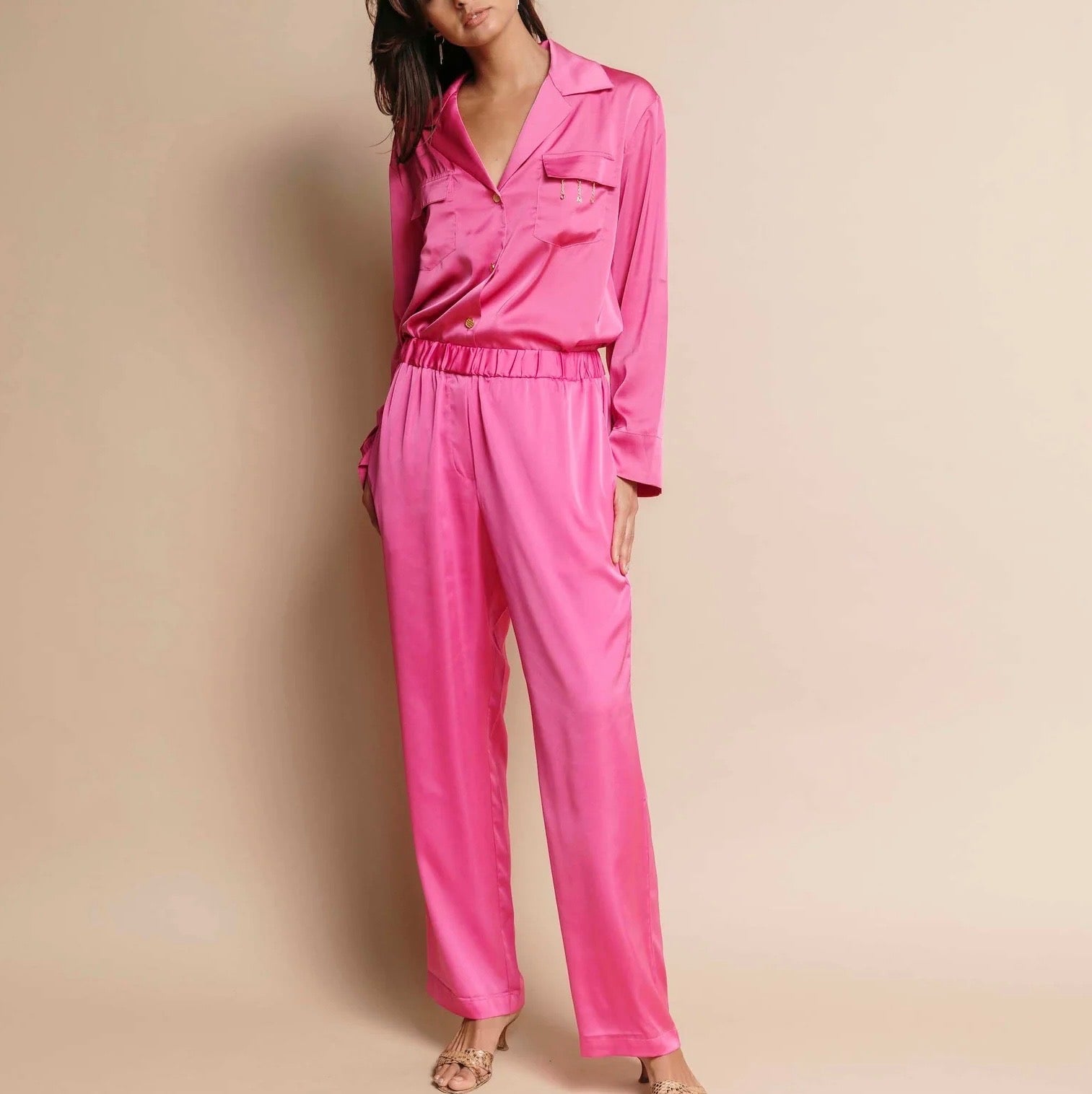 MONTSERRAT NEW YORK pink button down with gold buttons and pants