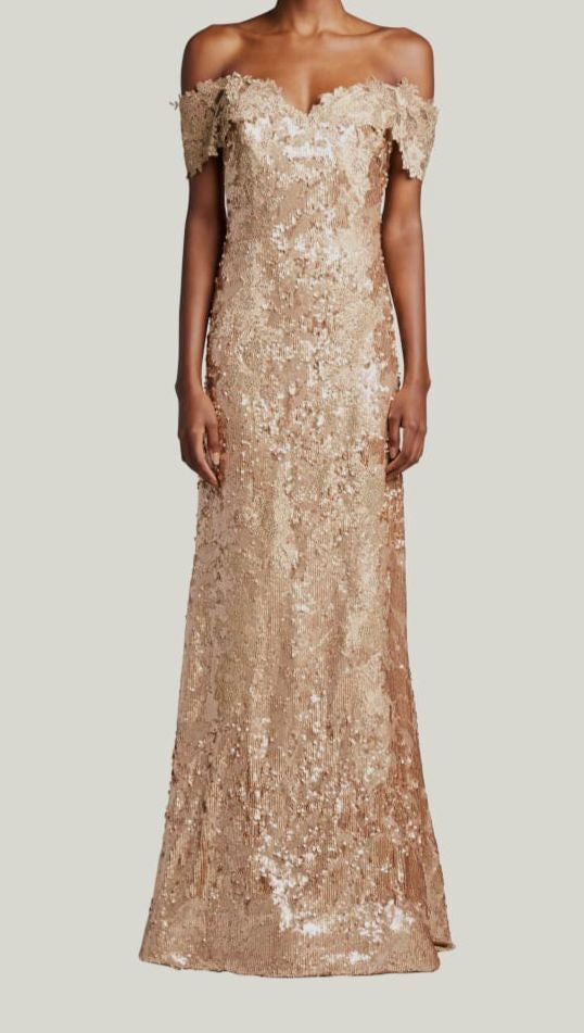 Rene Ruiz Sparkle Off Shoulder Gown