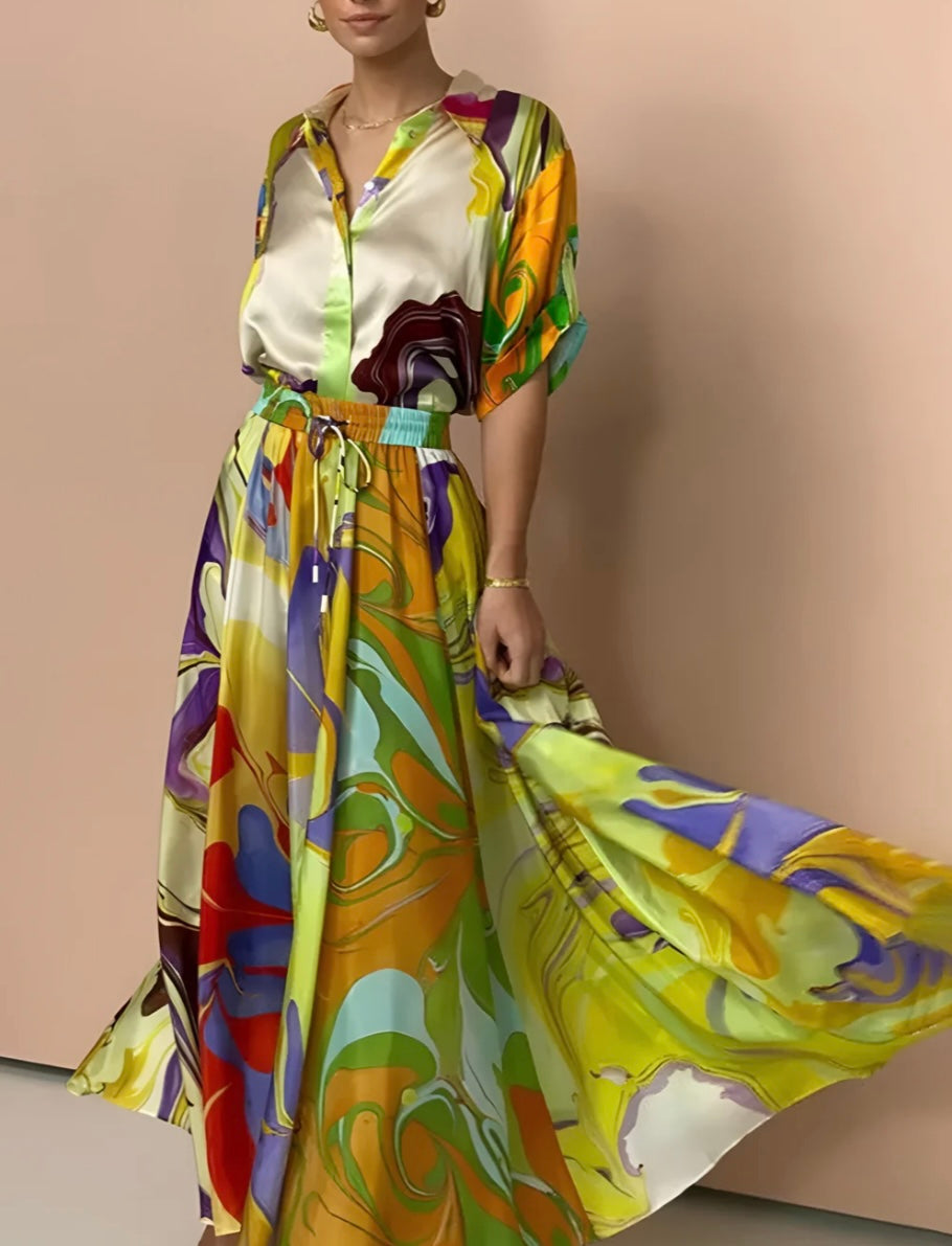 Commense - Satin Print Drawstring Skirt Set