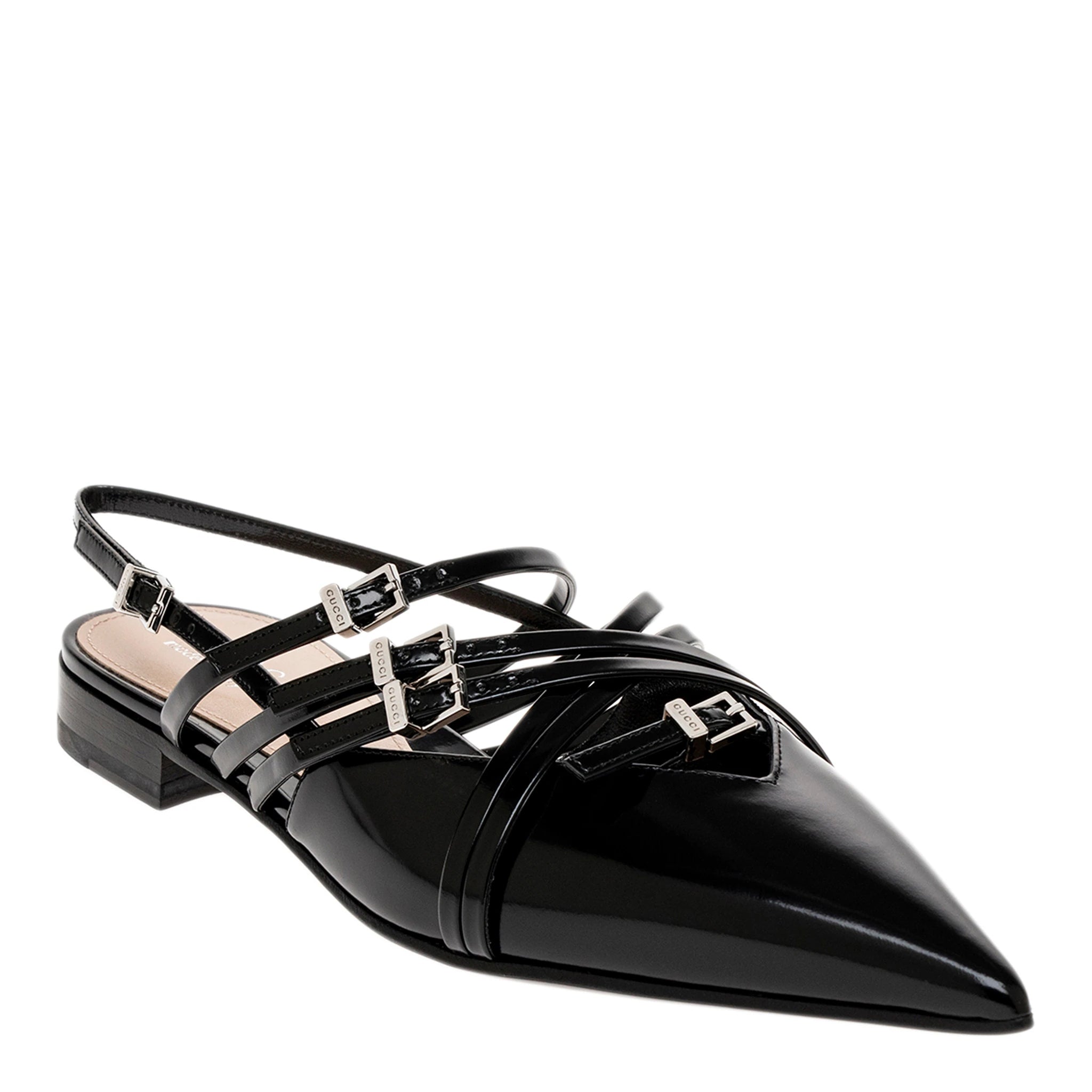 GUCCI black seraphine buckle strappy pointed flats