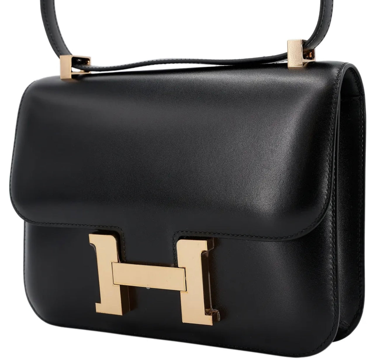 HERMÈS - Constance 24 shoulder bag in Black Box calfskin with Rose Gold hardware