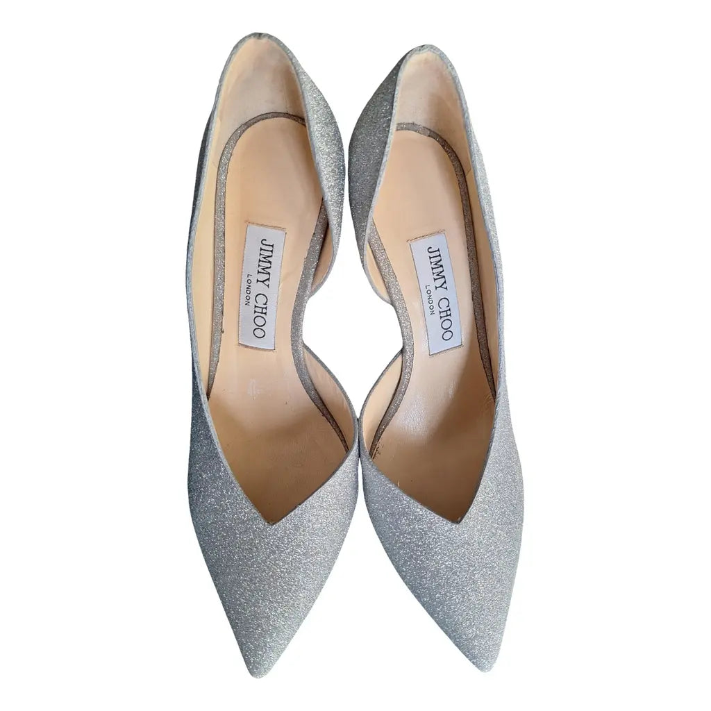 JIMMY CHOO silver sparkly pointed toe heels