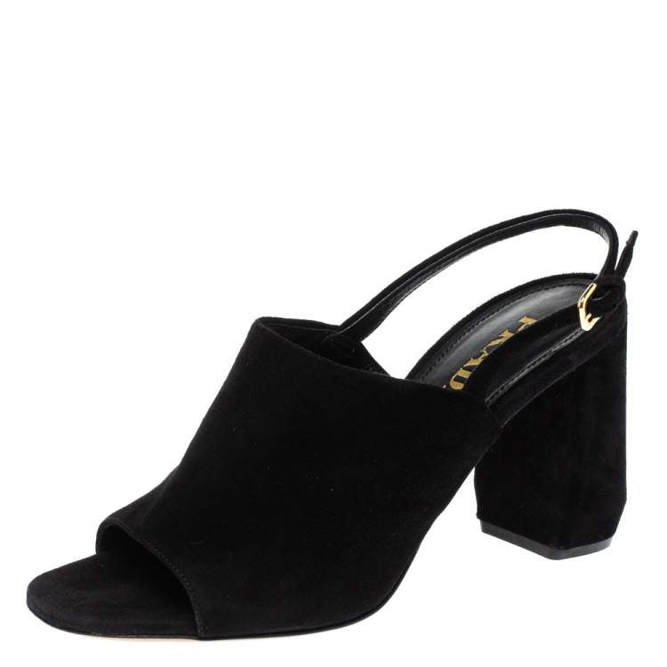 Prada Black Suede Peep Toe Block Heel Slingback