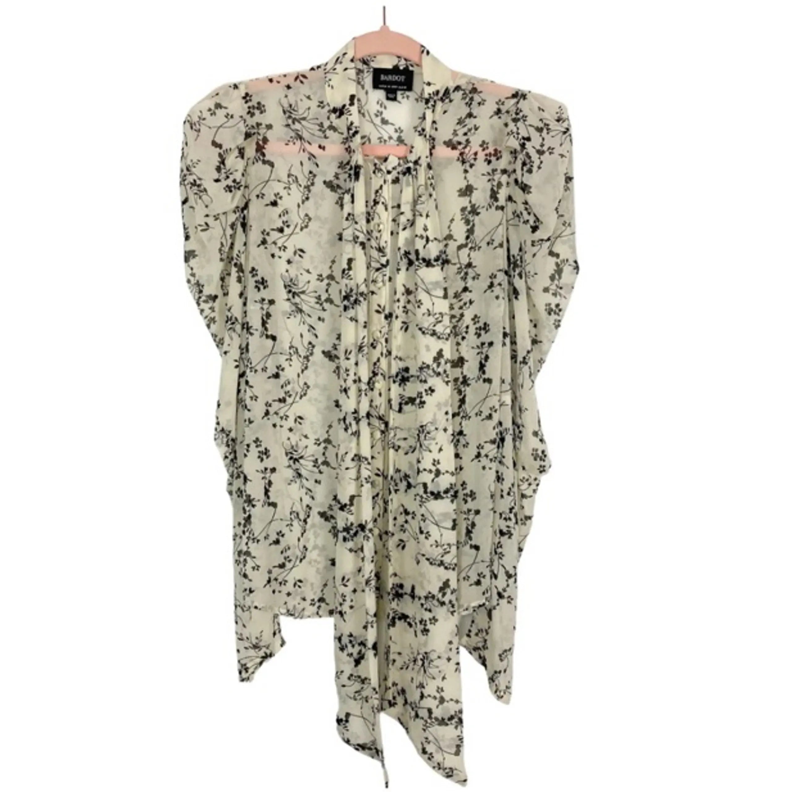 BARDOT cream with black floral pattern long sleeve blouse, sheer button up w neck tie