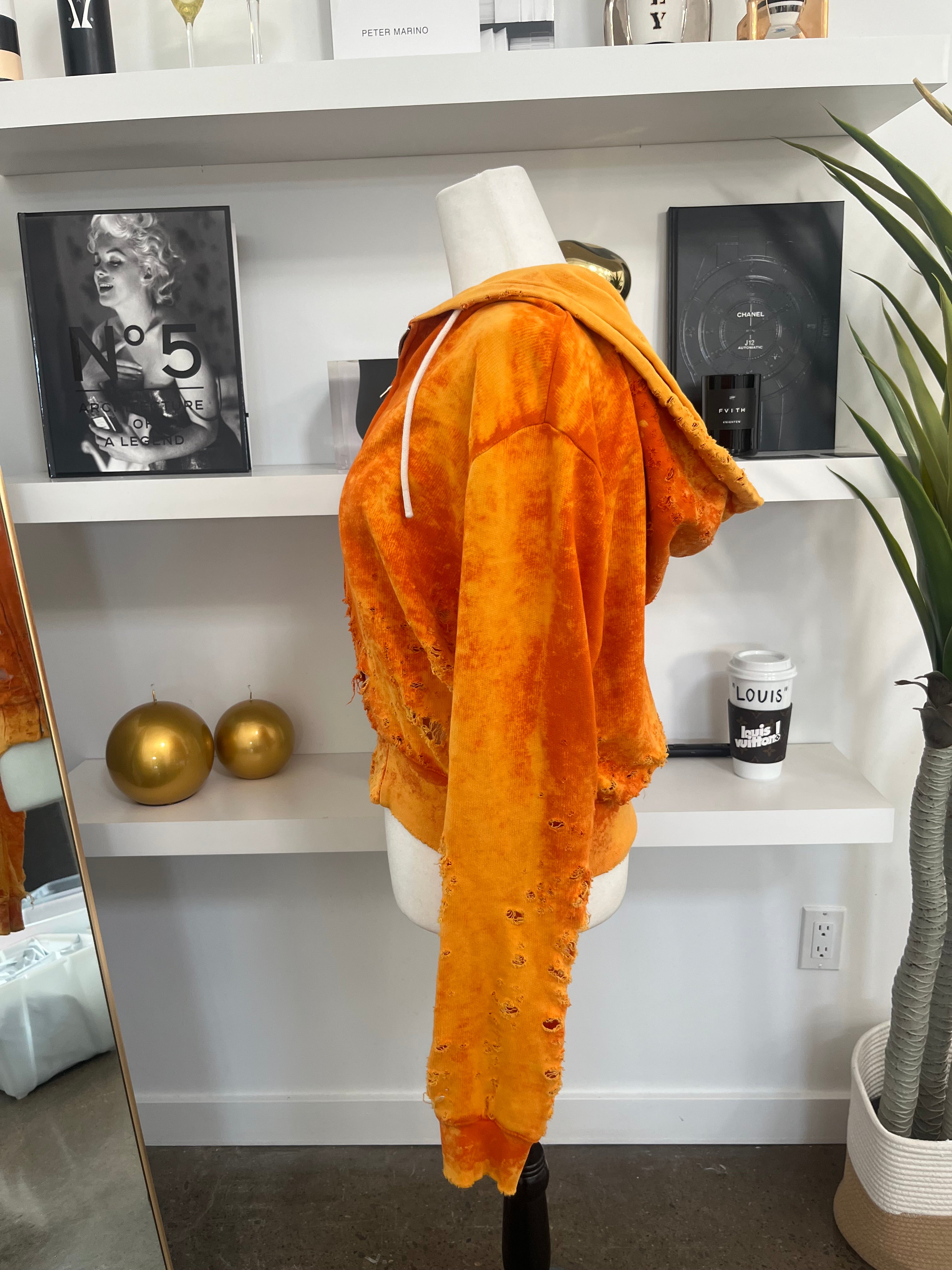 COTTON CITIZEN orange/yellow distressed zip sweatshirt