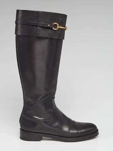 GUCCI black knee high leather boots with gold horsebit at top