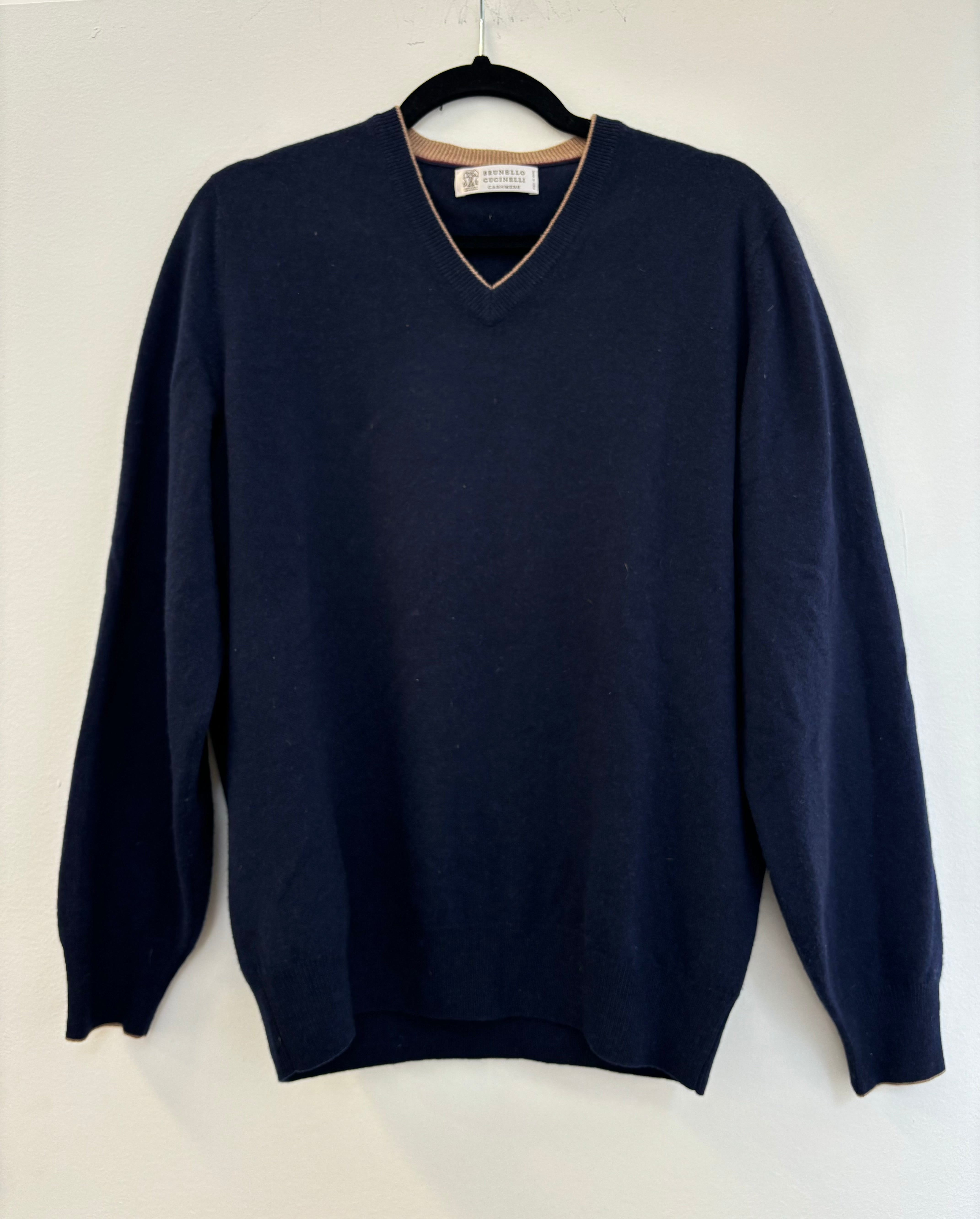 BRUNELLO CUCINELLI navy cashmere sweater with brown v neck trim