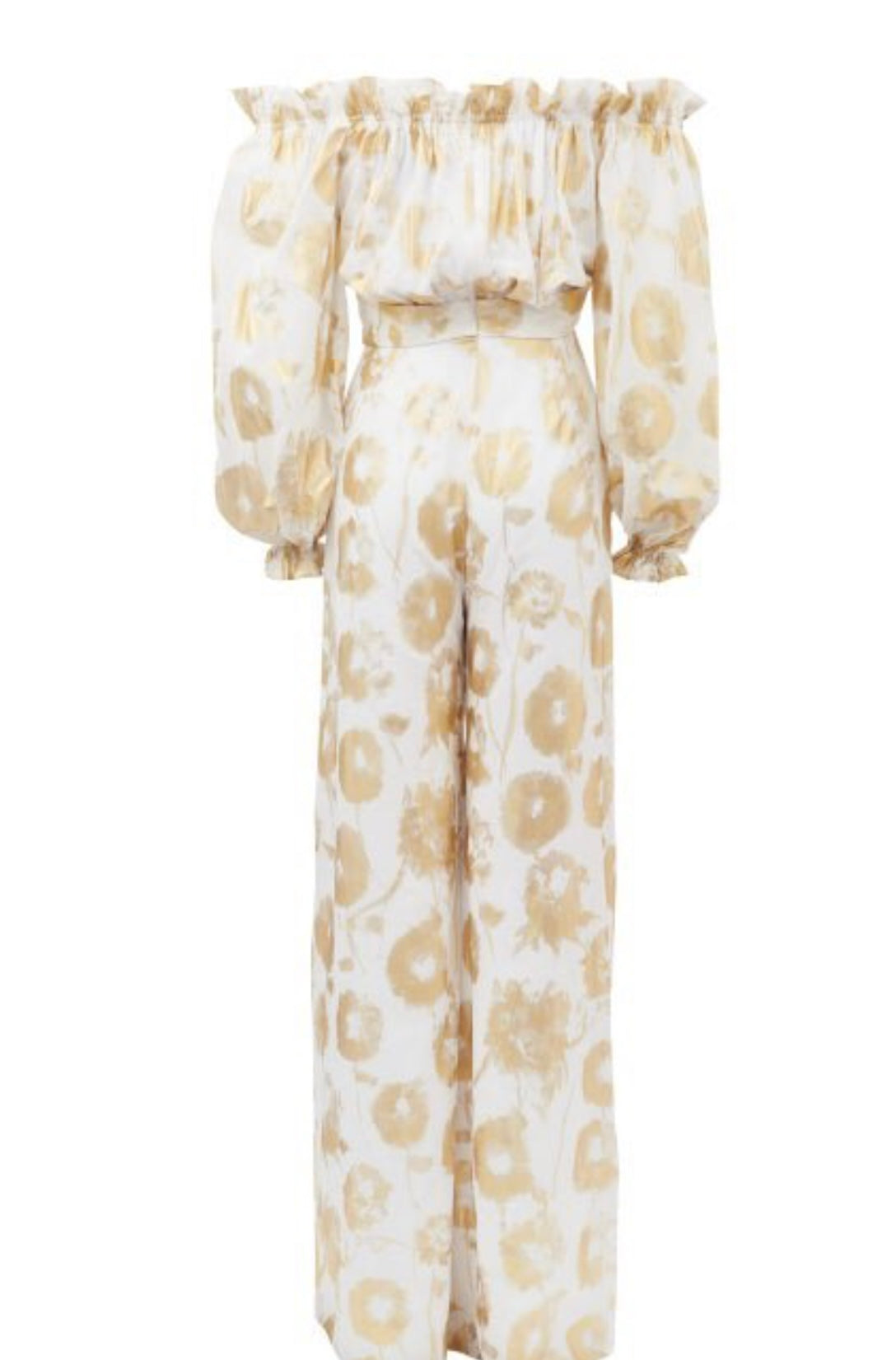 HALPERN
Metallic-Print Off-The-Shoulder Cotton Jumpsuit - White Gold