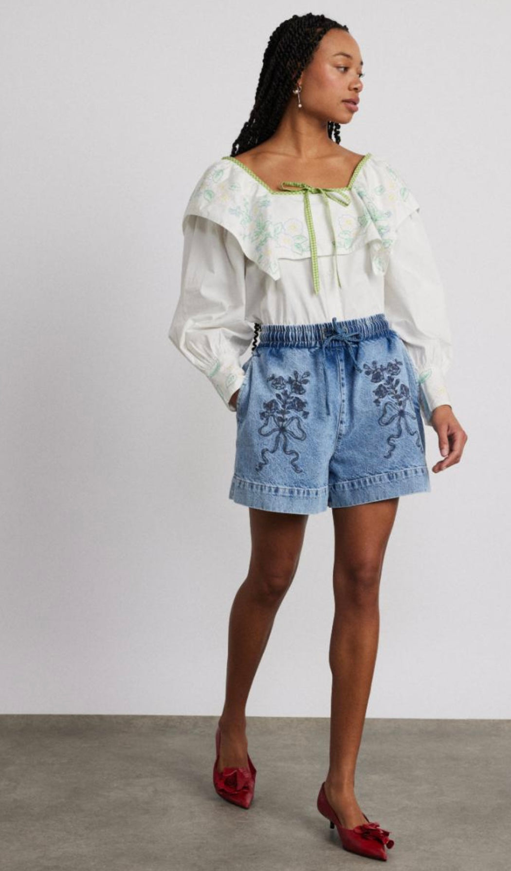Damson Madder Denim - Rafe Shorts - Bow Embroidery
