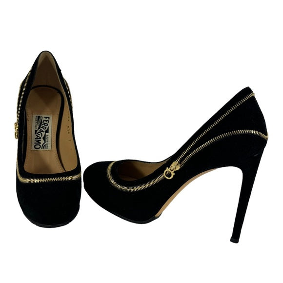 SALVATORE FERRAGAMO black suede heels with gold zipper heels