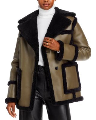 PROENZA SCHOULER WHITE LABEL green faux leather coat with black fur lapel and trim