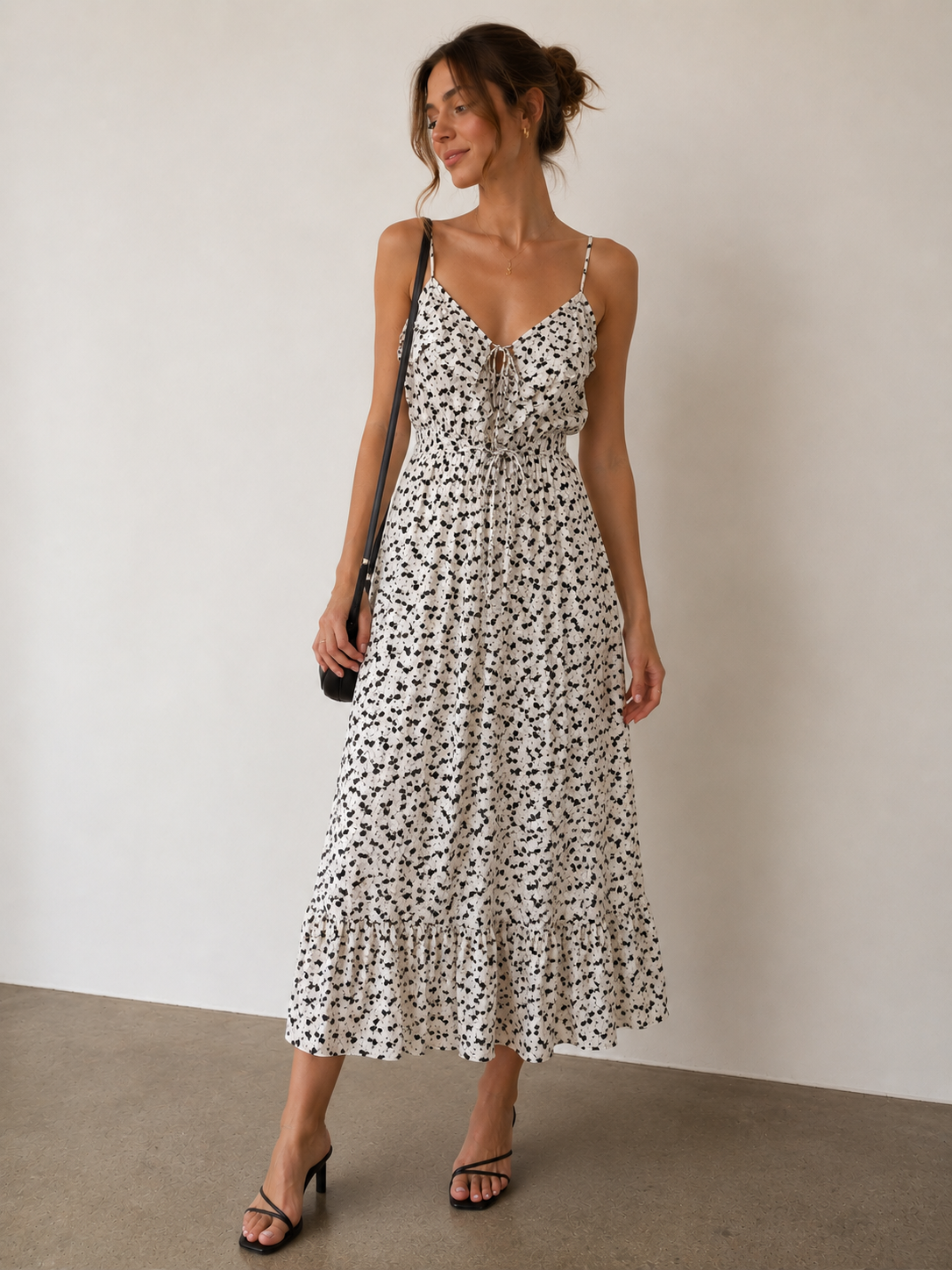 ZIMMERMANN spaghetti strap midi dress, cream with black floral print, gold accent ties