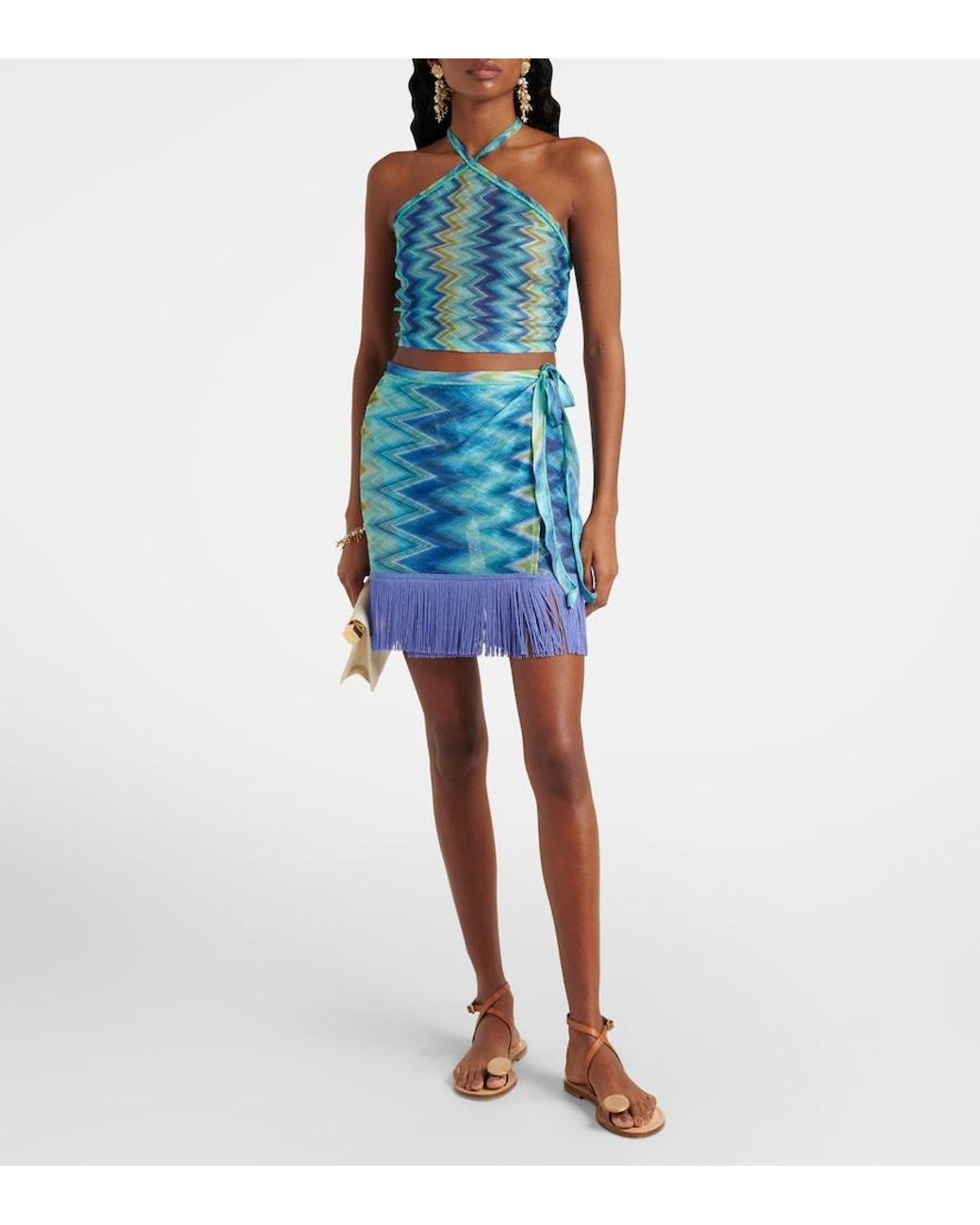 Missoni Blue Zigzag Knit Halter and Fringe skirt wrap set