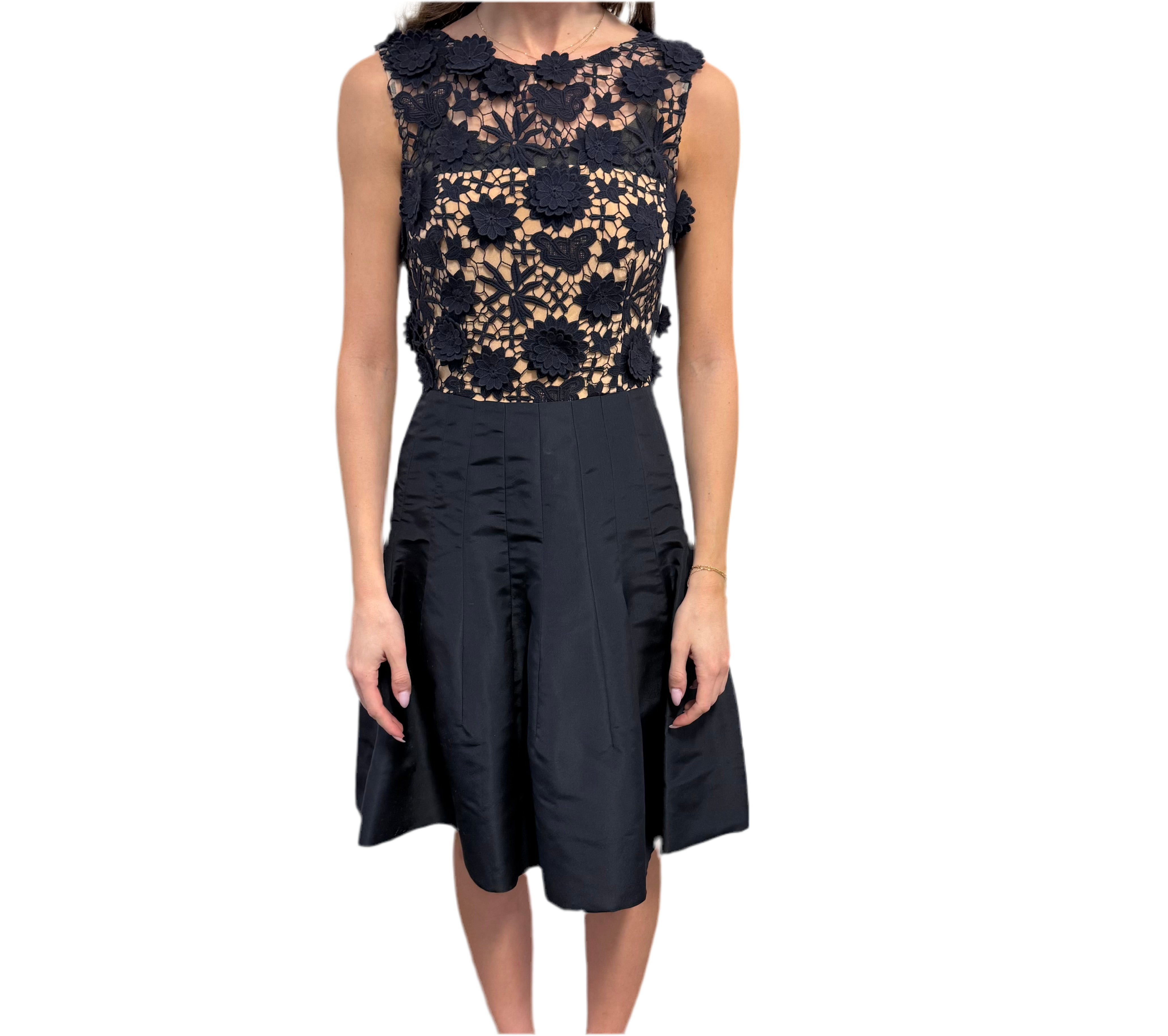 Oscar De La RENTA - Navy Crochet & Flared Pleated Cocktail Dress