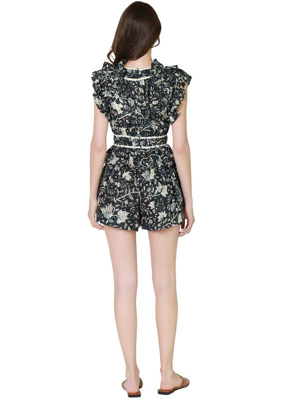 ULLA JOHNSON blue and cream ruffle romper