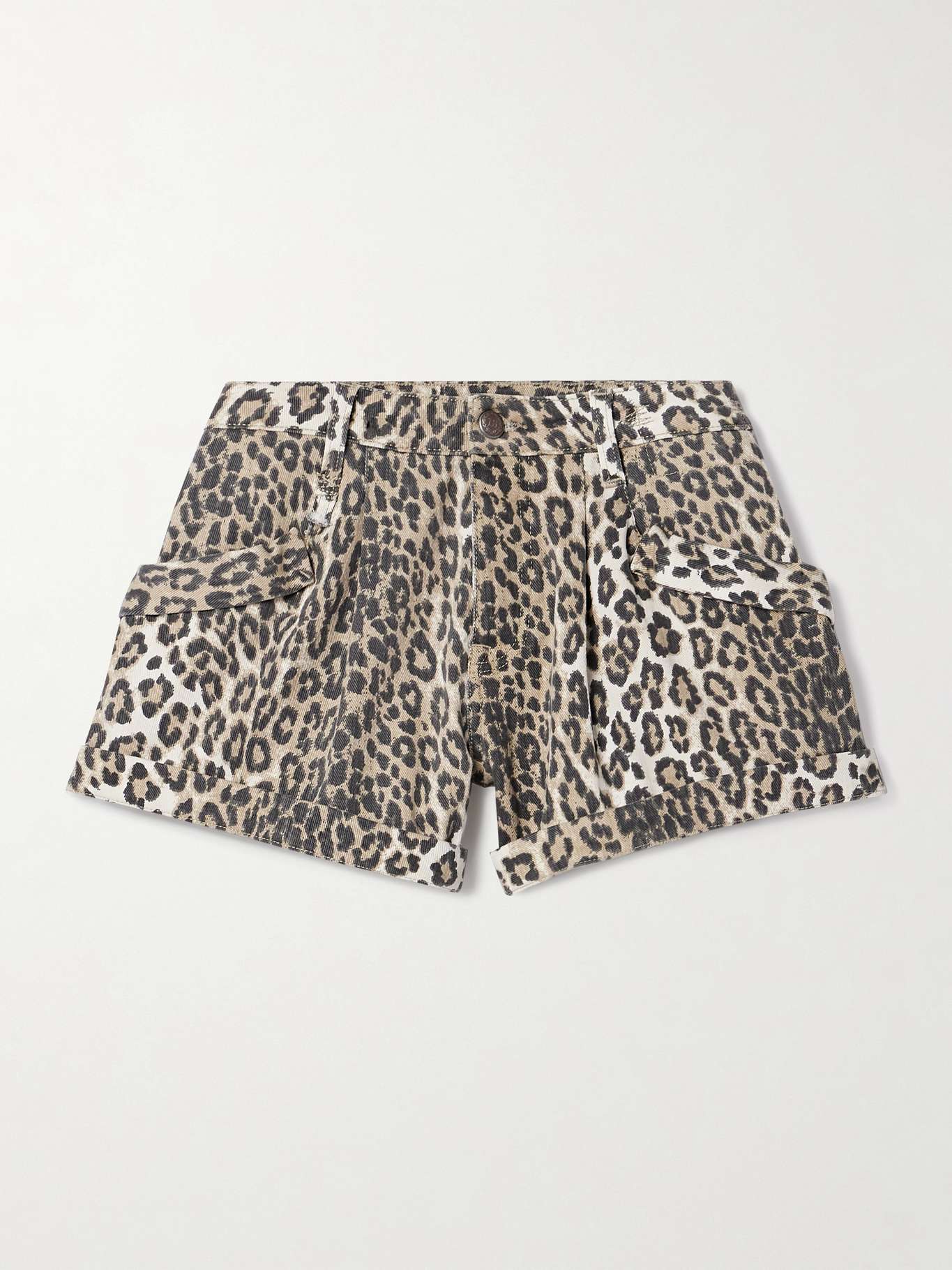 R13 Leopard Print Denim Cargo Shorts with Cuffed Hem