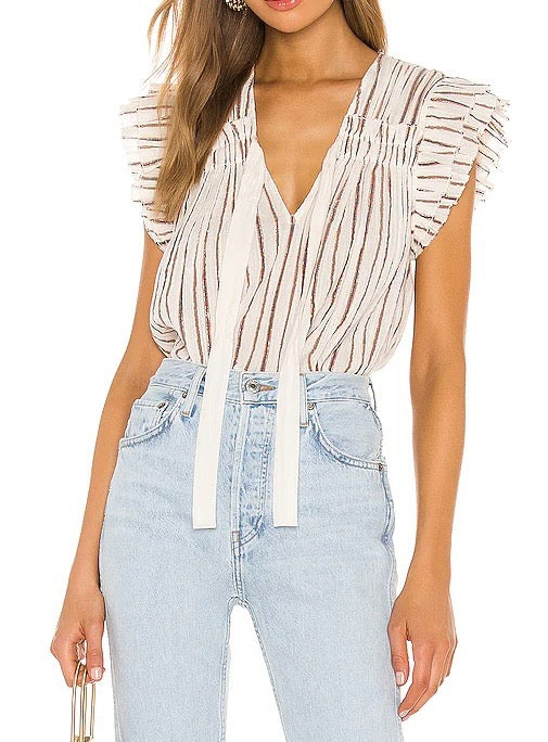 ULLA JOHNSON cream tshirt blouse, metallic copper and blue stripes, strings by neck