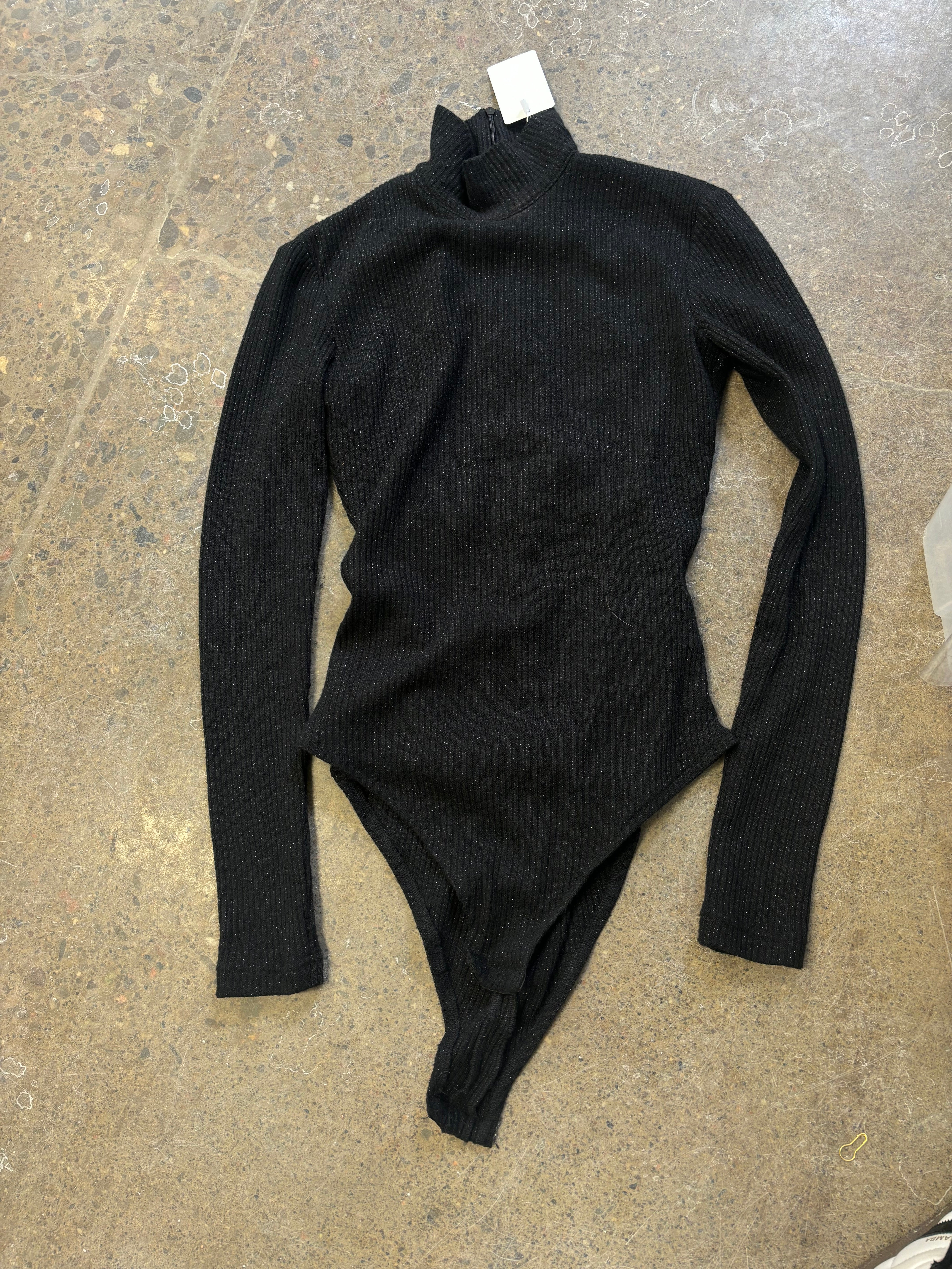 SABINA MUSAYEV black sparkly long sleeve turtleneck bodysuit with cutouts