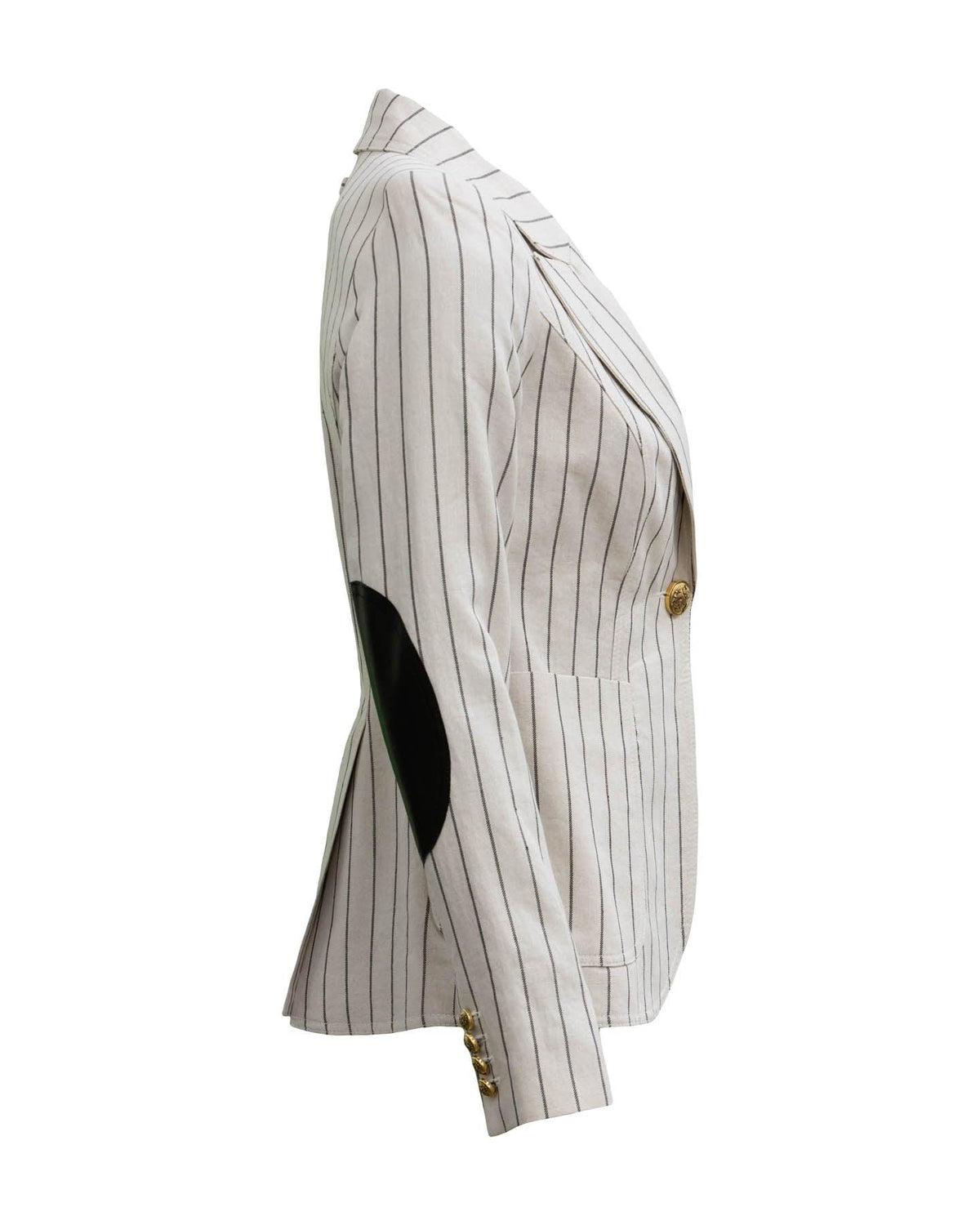 SMYTHE cream blazer with black stripes and leather elbows