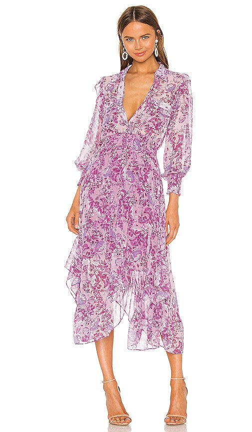 MISA LA purple print long sleeve maxi dress
