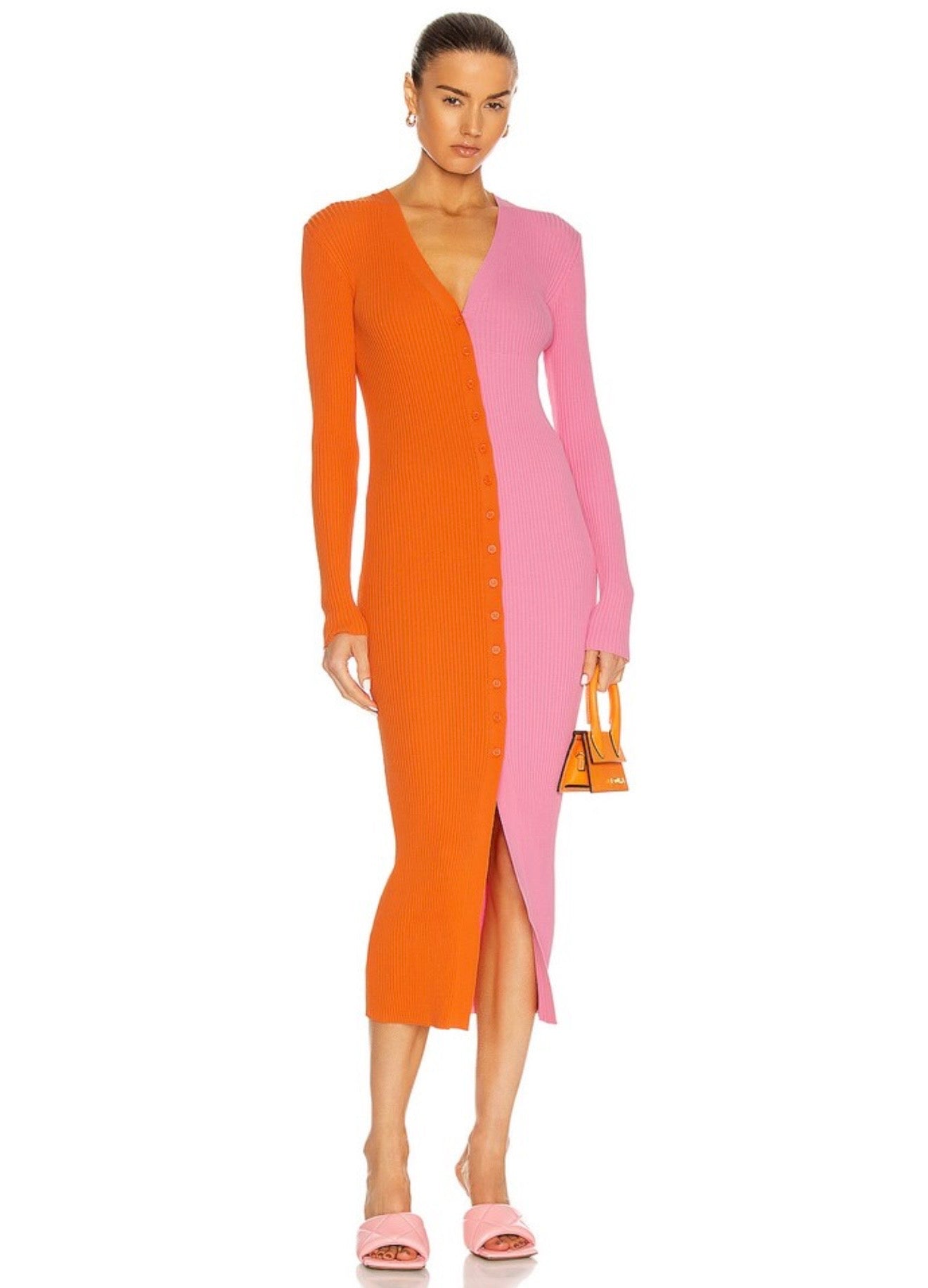 STAUD orange and pink split long sleeve maxi dress