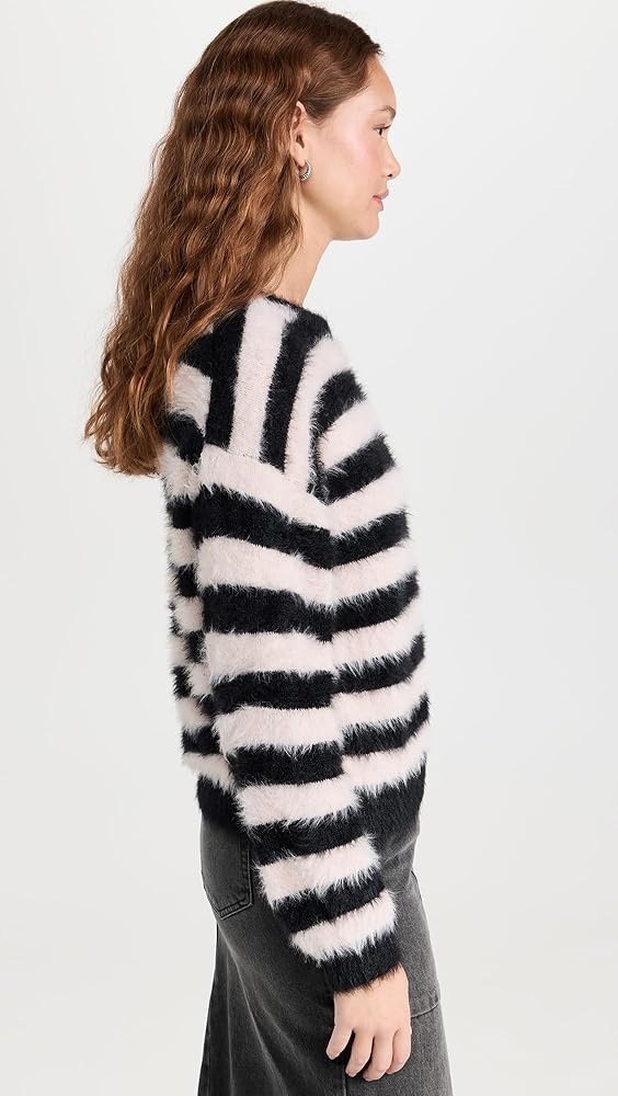 VELVET faux mohair sweater pink and black striped crewneck