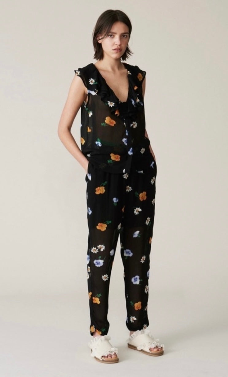 GANNI - Black Floral Wrap Top & Pants (sold as a set)