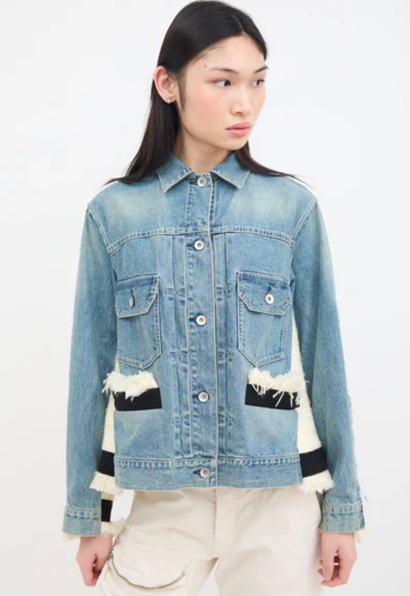 SACAI 5427 blue denim jacket with white tweed panelling and black canvas accents