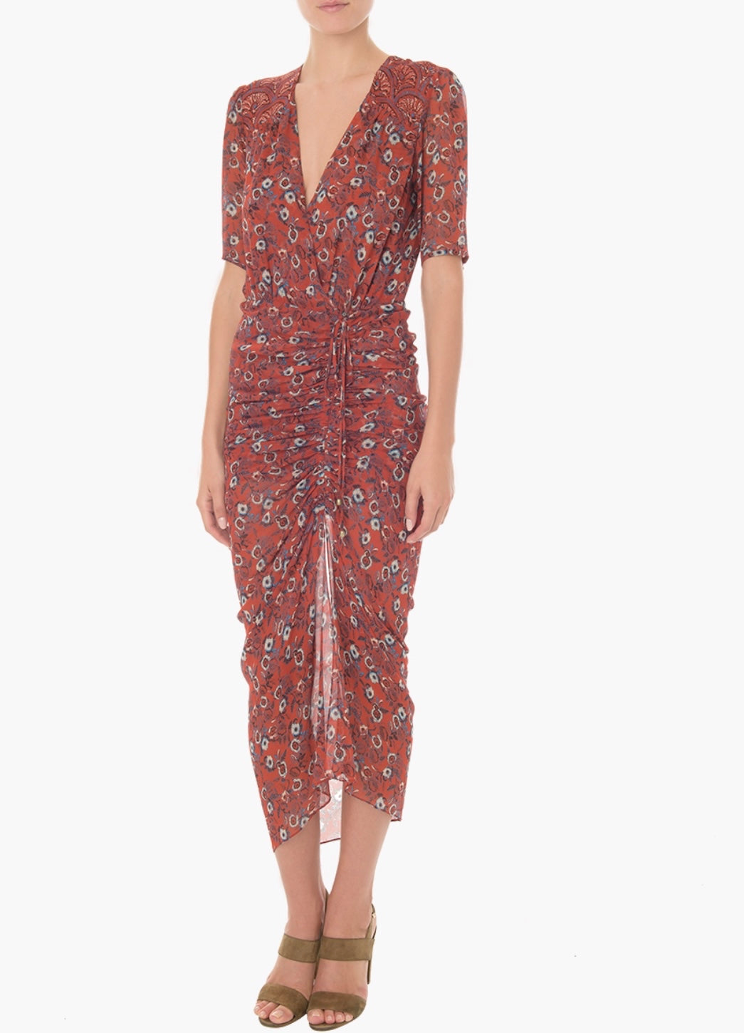 Veronica Beard
Mariposa Silk Ruched Printed Maxi Dress, Rust Floral
