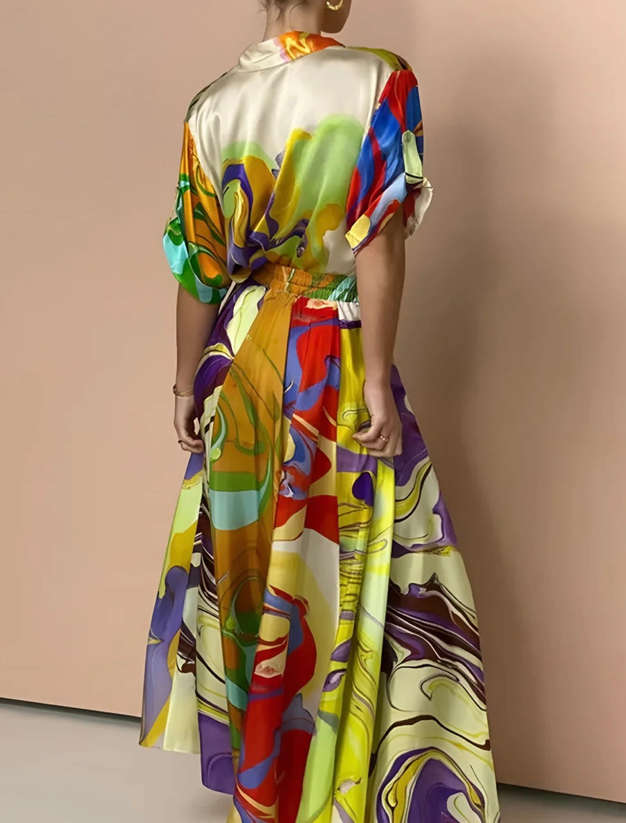 Commense - Satin Print Drawstring Skirt Set