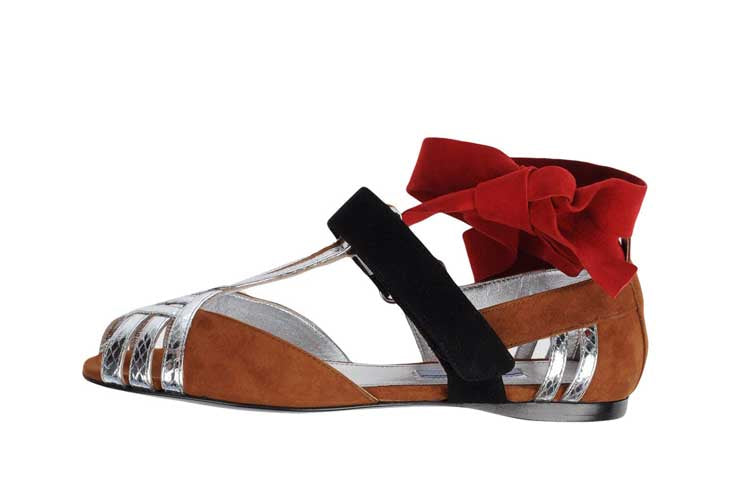 PRADA brown, red, silver ankle wrap peep toe flats