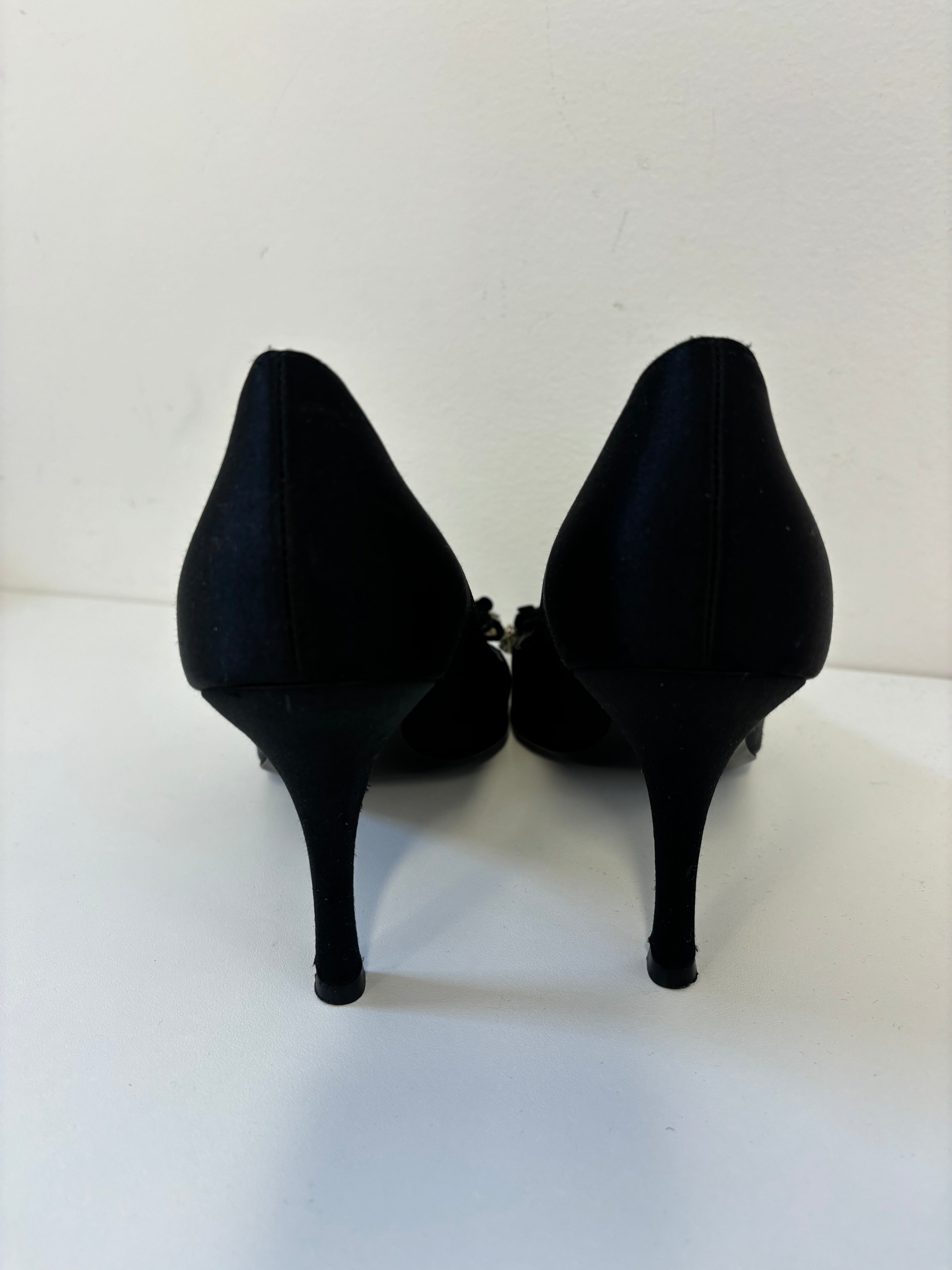 RENE CAOVILLA black satin closed toe heels with floral sparkle gem laces