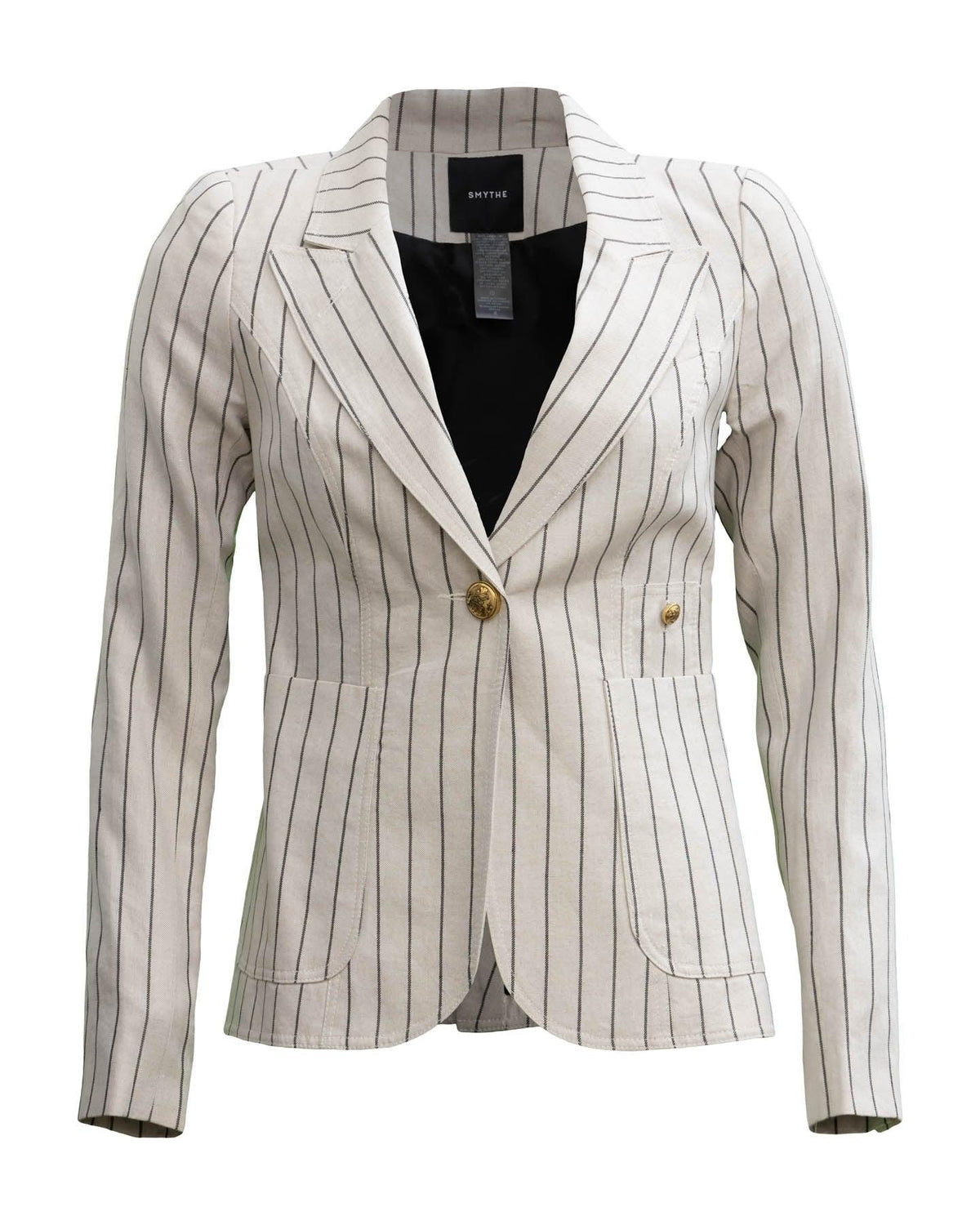 SMYTHE cream blazer with black stripes and leather elbows