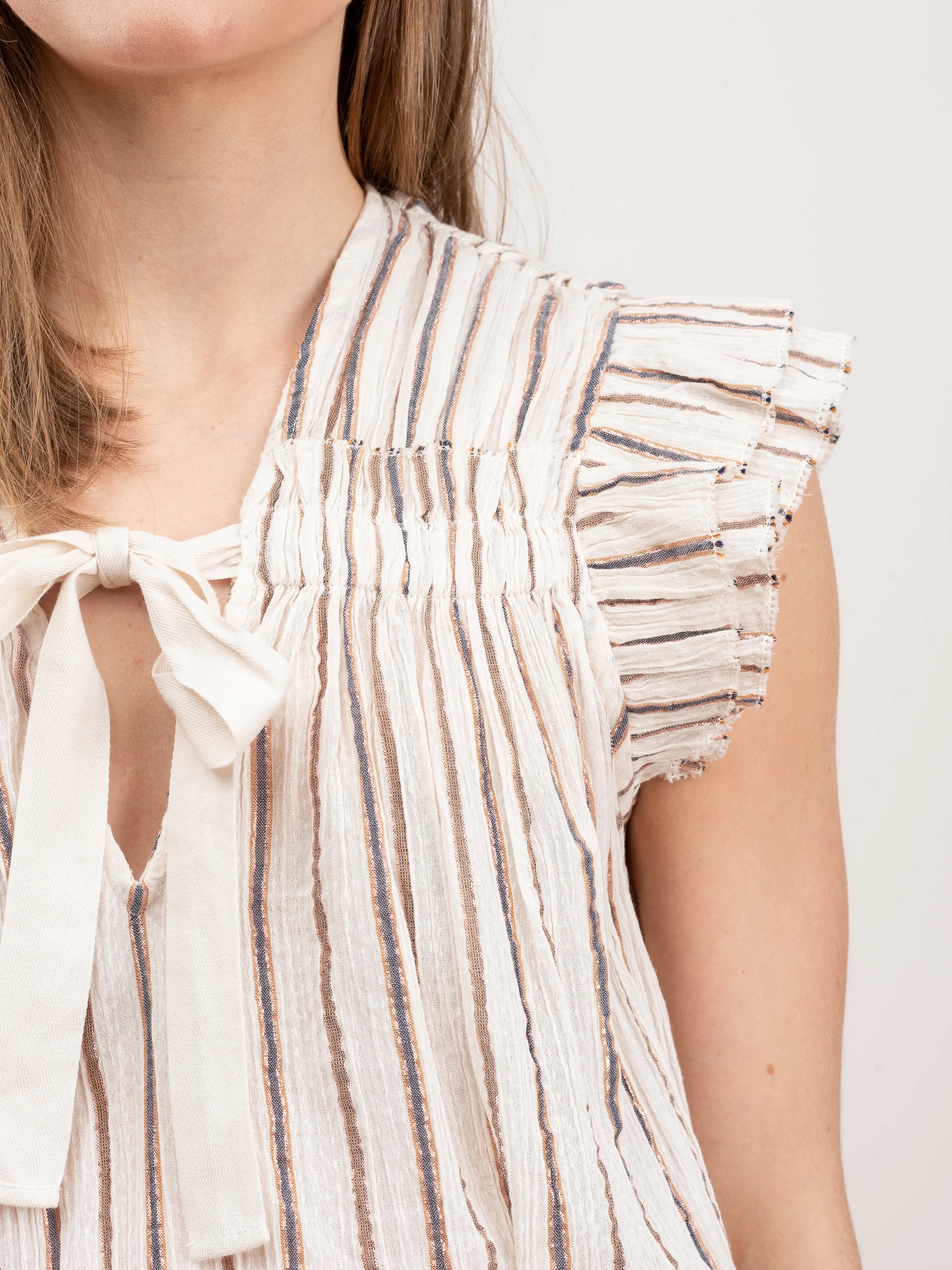 ULLA JOHNSON cream tshirt blouse, metallic copper and blue stripes, strings by neck