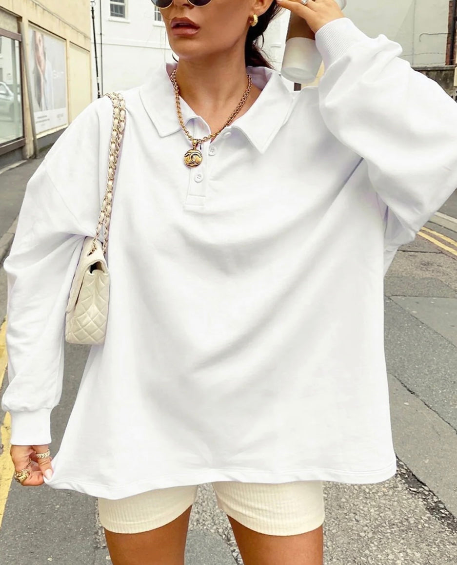 COMMENSE - WHITE Collared Oversized Sweatshirt