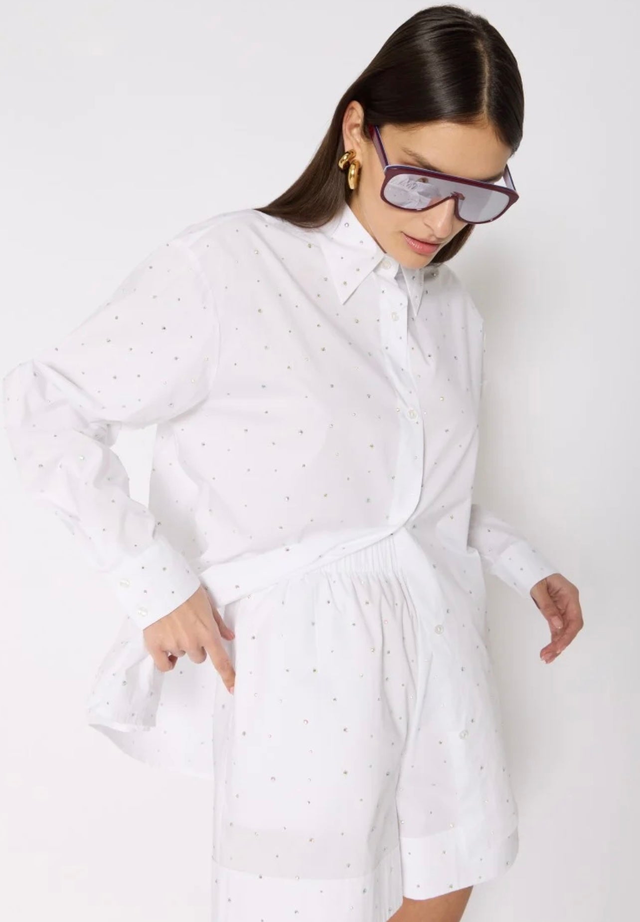 BERENICE - COMINO | Oversized white rhinestone shirt, Small