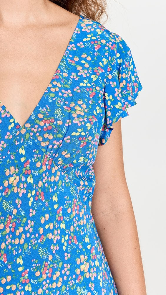 RAILS blue maxi dress with flutter sleeves and fruit print