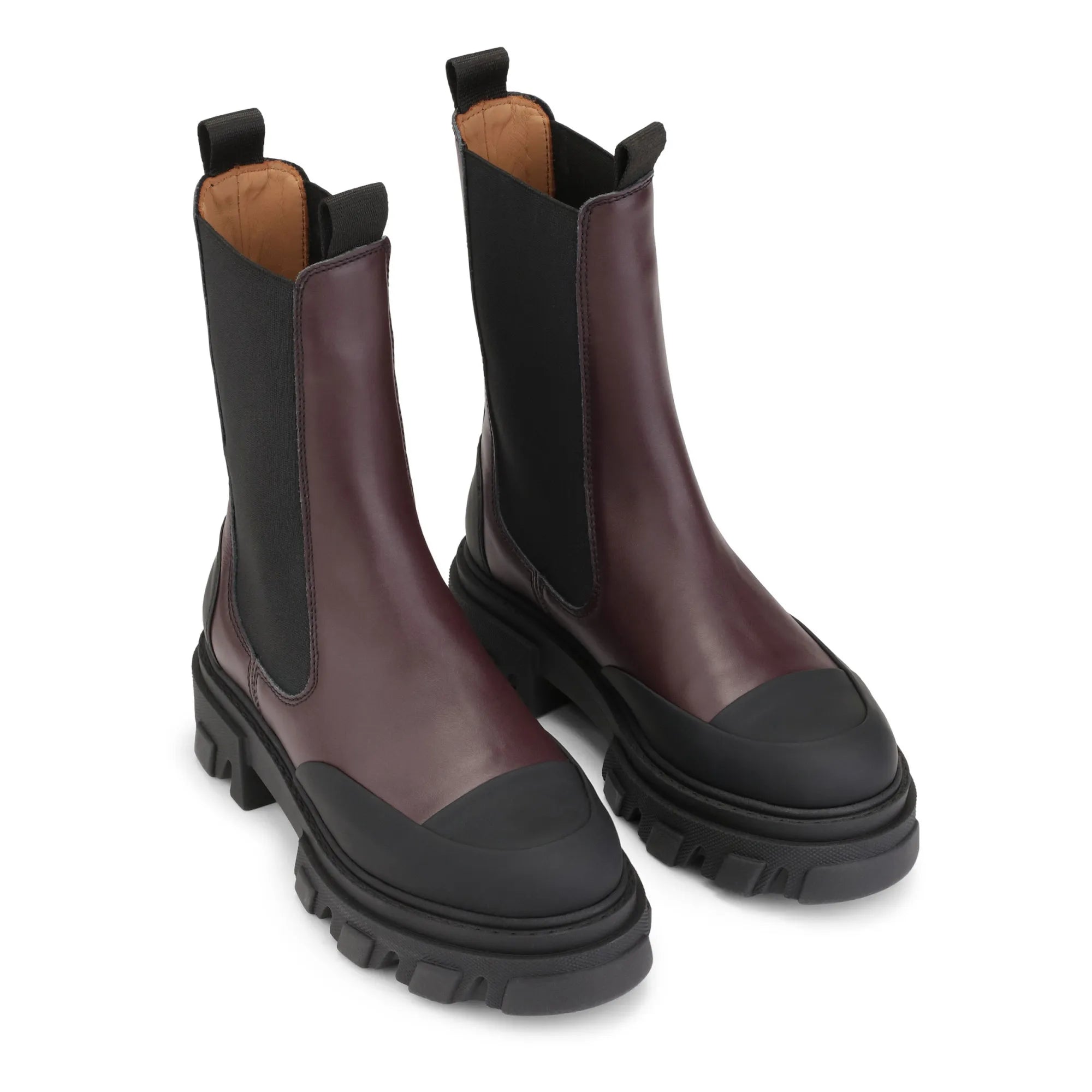 GANNI burgundy with black rubber trim chelsea boots