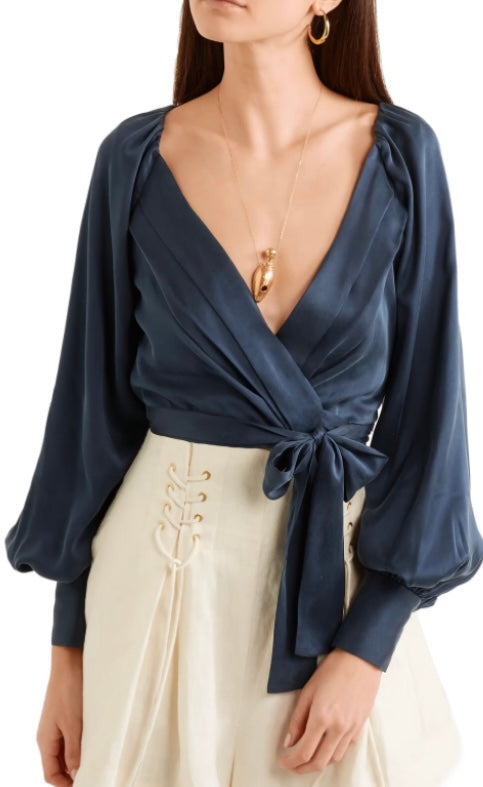 ZIMMERMANN blue silk long sleeve cropped top tie front