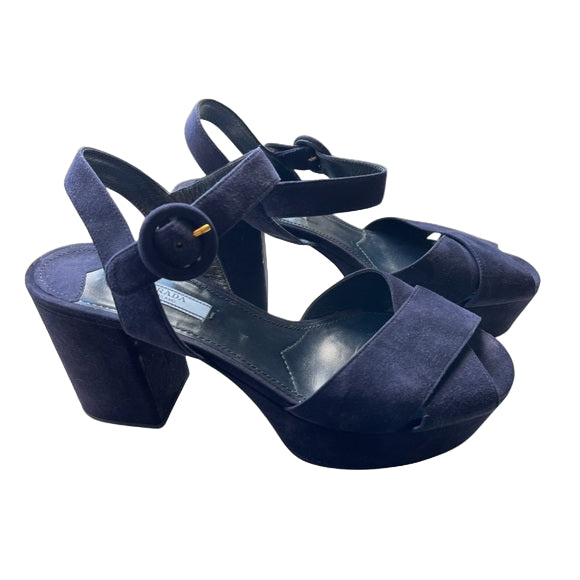 PRADA navy suede platform pumps w ankle strap