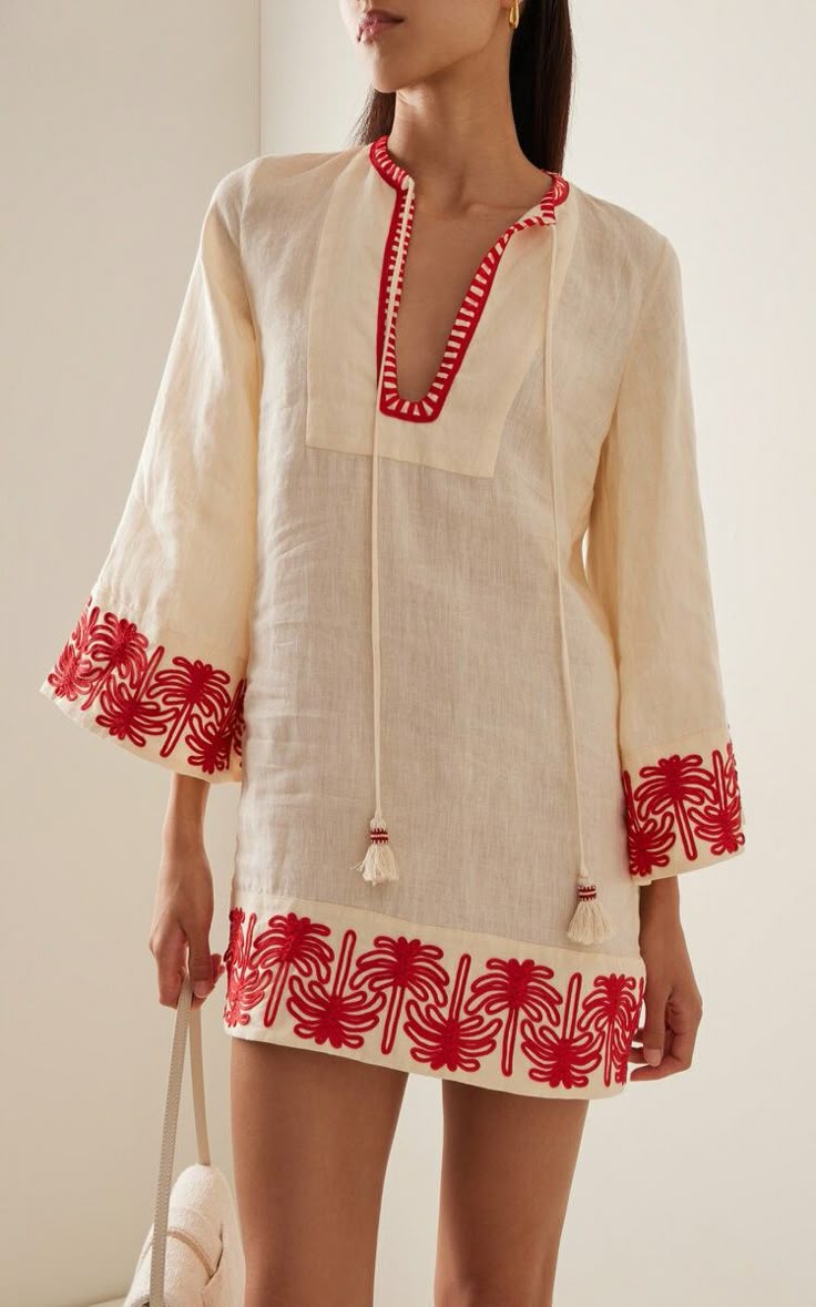 JOHANNA ORTIZ CREAM LINEN DRESS WITH RED EMBROIDERY