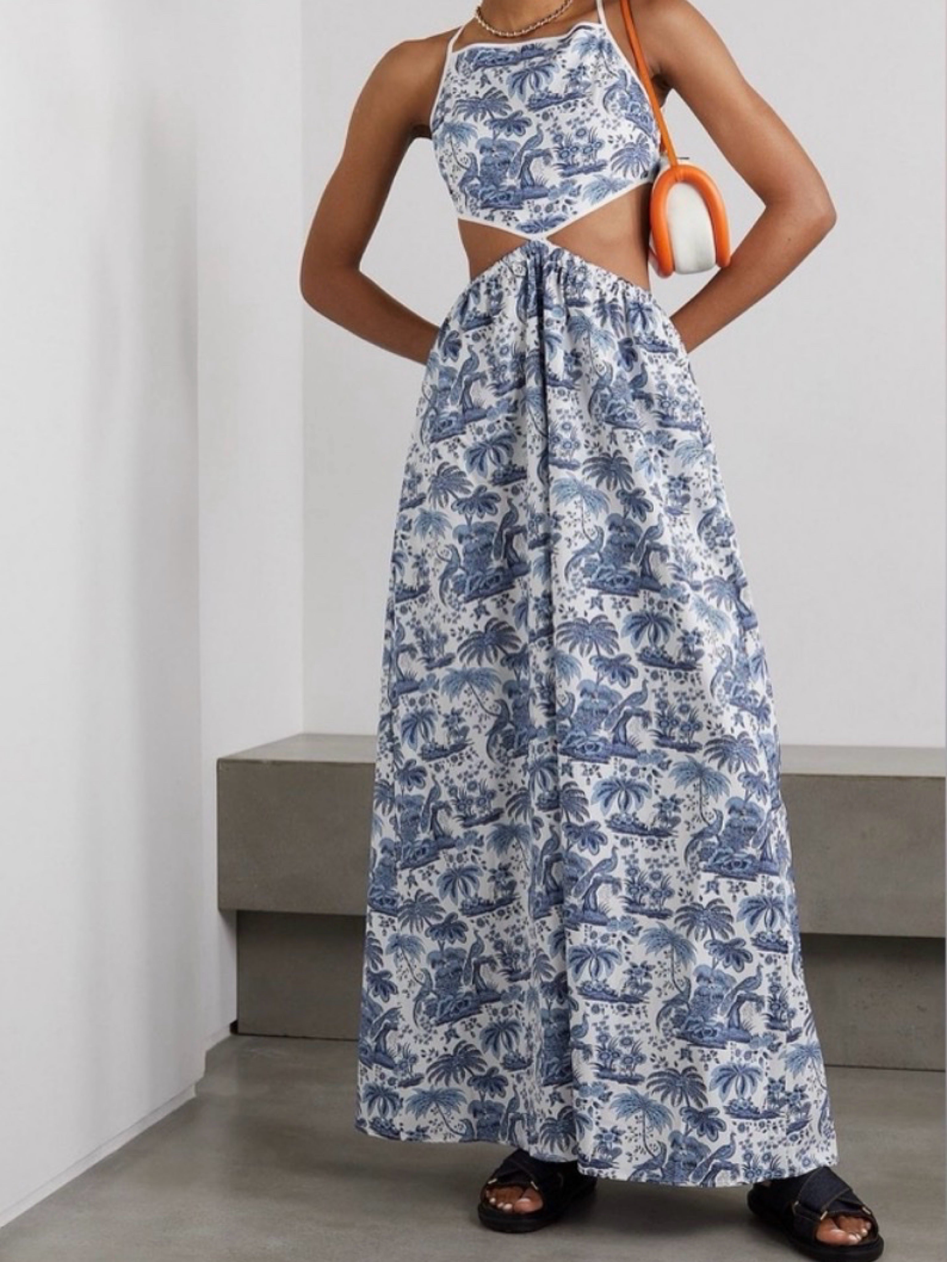 Staud Blue and White Toile Palm Tree Halter Cutout Maxi Dress
