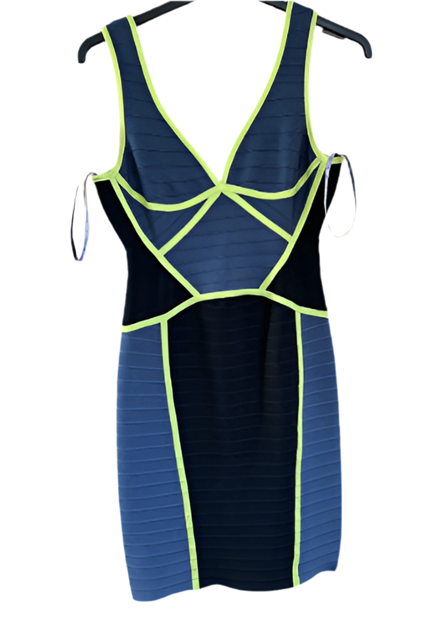 slim fit dress slacks HERVE LEGER blue and green short bandage dress